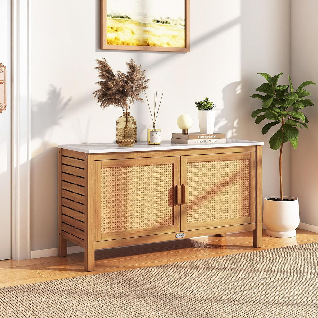 Goplus Outdoor Console Table, Acacia Wood Patio Storage Cabinet with Fax Marble Top, Rattan Doors, Inner Shelves & Hidden Compartment, Outdoor Sideboard for Patio (Rattan Door)