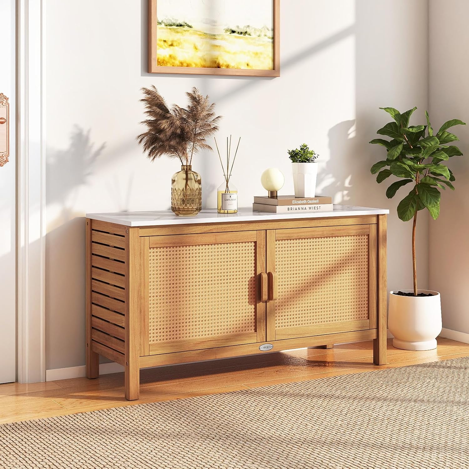 Goplus Outdoor Console Table, Acacia Wood Patio Storage Cabinet with Fax Marble Top, Rattan Doors, Inner Shelves & Hidden Compartment, Outdoor Sideboard for Patio (Rattan Door)