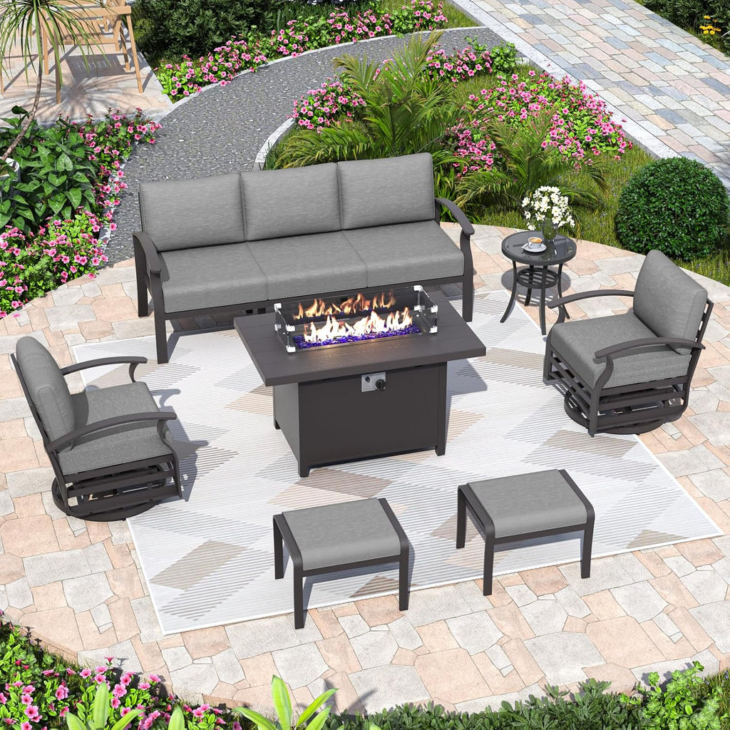 ALAULM Aluminum Patio Furniture Set with Propane Fire Pit Table 7-seat Metal Outdoor Furniture w/Swivel Chairs Patio Sectional Sofas w/2 Ottomans for Porch, Backyard, Poolside-Grey