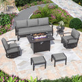 ALAULM Aluminum Patio Furniture Set with Propane Fire Pit Table 7-seat Metal Outdoor Furniture w/Swivel Chairs Patio Sectional Sofas w/2 Ottomans for Porch, Backyard, Poolside-Grey
