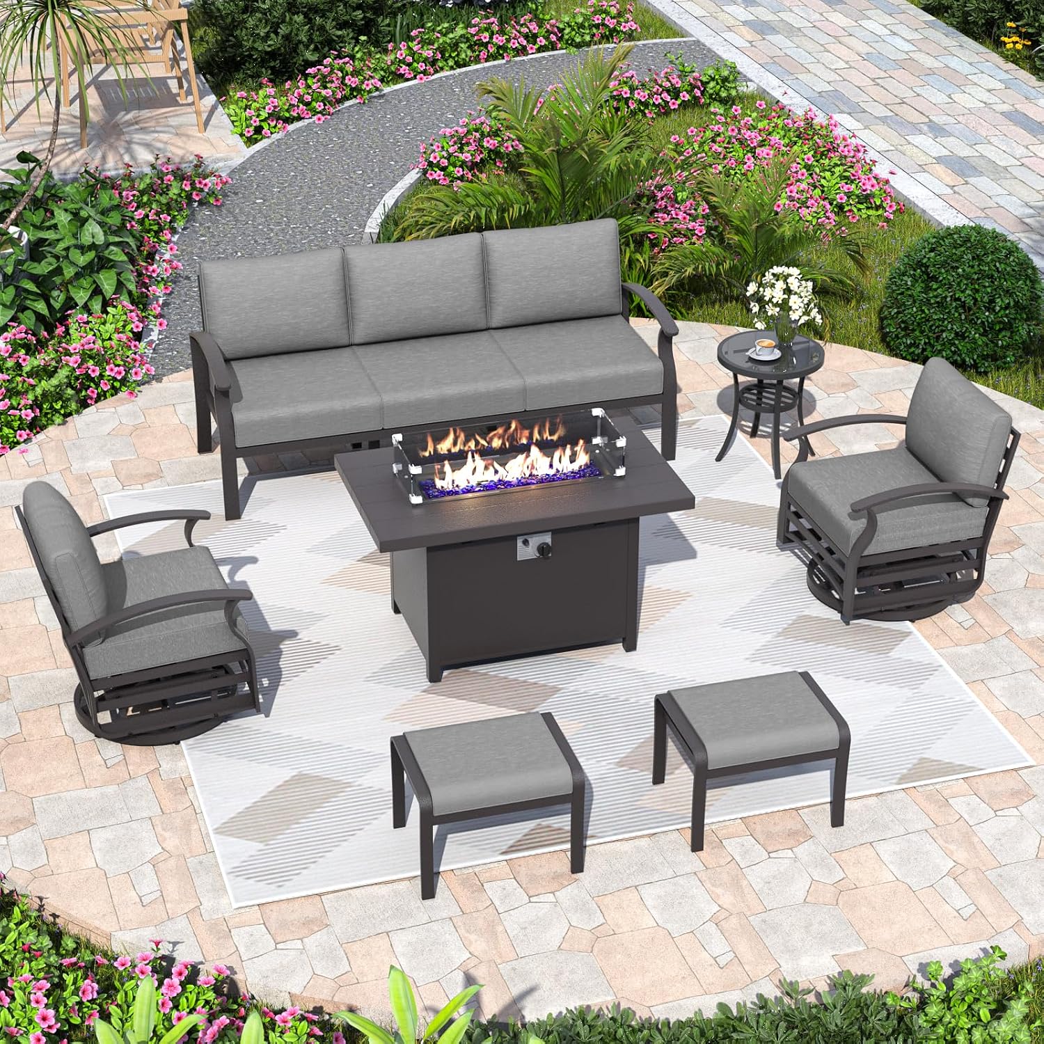 ALAULM Aluminum Patio Furniture Set with Propane Fire Pit Table 7-seat Metal Outdoor Furniture w/Swivel Chairs Patio Sectional Sofas w/2 Ottomans for Porch, Backyard, Poolside-Grey