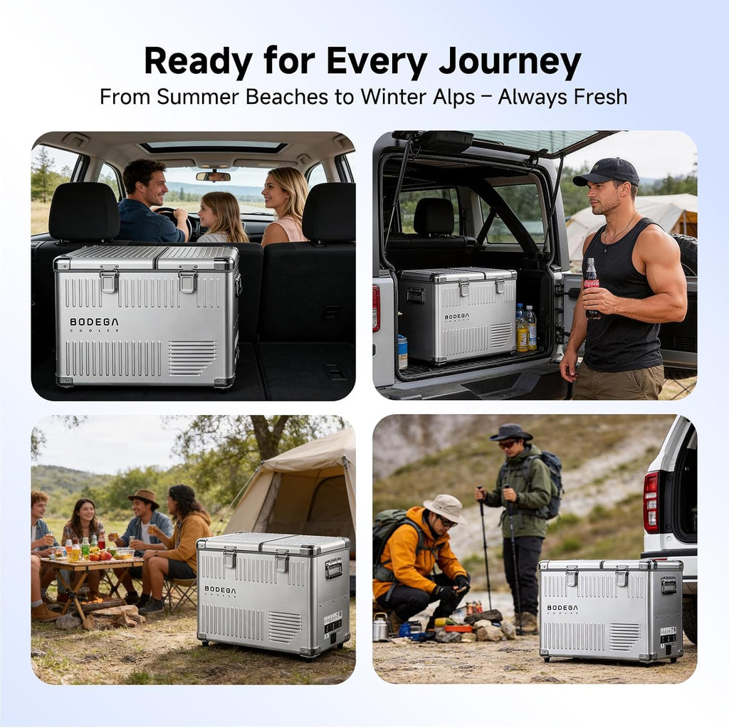 BODEGA 53 Quart (50L) Portable Car Refrigerator, 12V Dual Zone Car Fridge Freezer, Lightweight Aluminum Electric Cooler with Compressor, -4°F to 68°F, DC/AC for Truck, RV, Camping, Van, Home Use