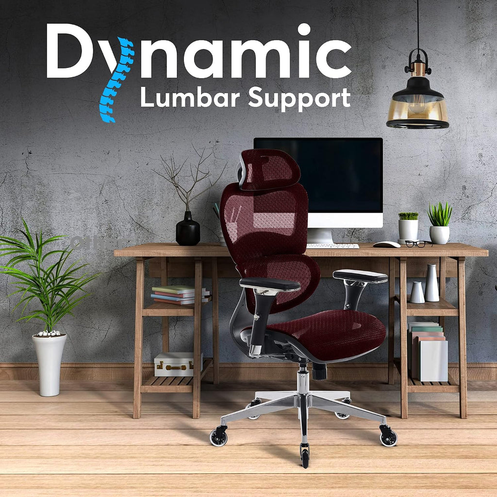 Oline ErgoPro Ergonomic Office Chair with 4D Adjustable Armrest, 3D Lumbar Support and Blade Wheels - Mesh Computer Gaming Rolling Desk Executive Swivel Home Chair (Burgundy Red)