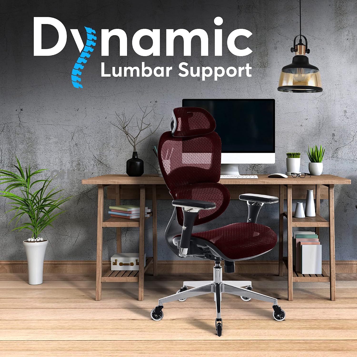Oline ErgoPro Ergonomic Office Chair with 4D Adjustable Armrest, 3D Lumbar Support and Blade Wheels - Mesh Computer Gaming Rolling Desk Executive Swivel Home Chair (Burgundy Red)