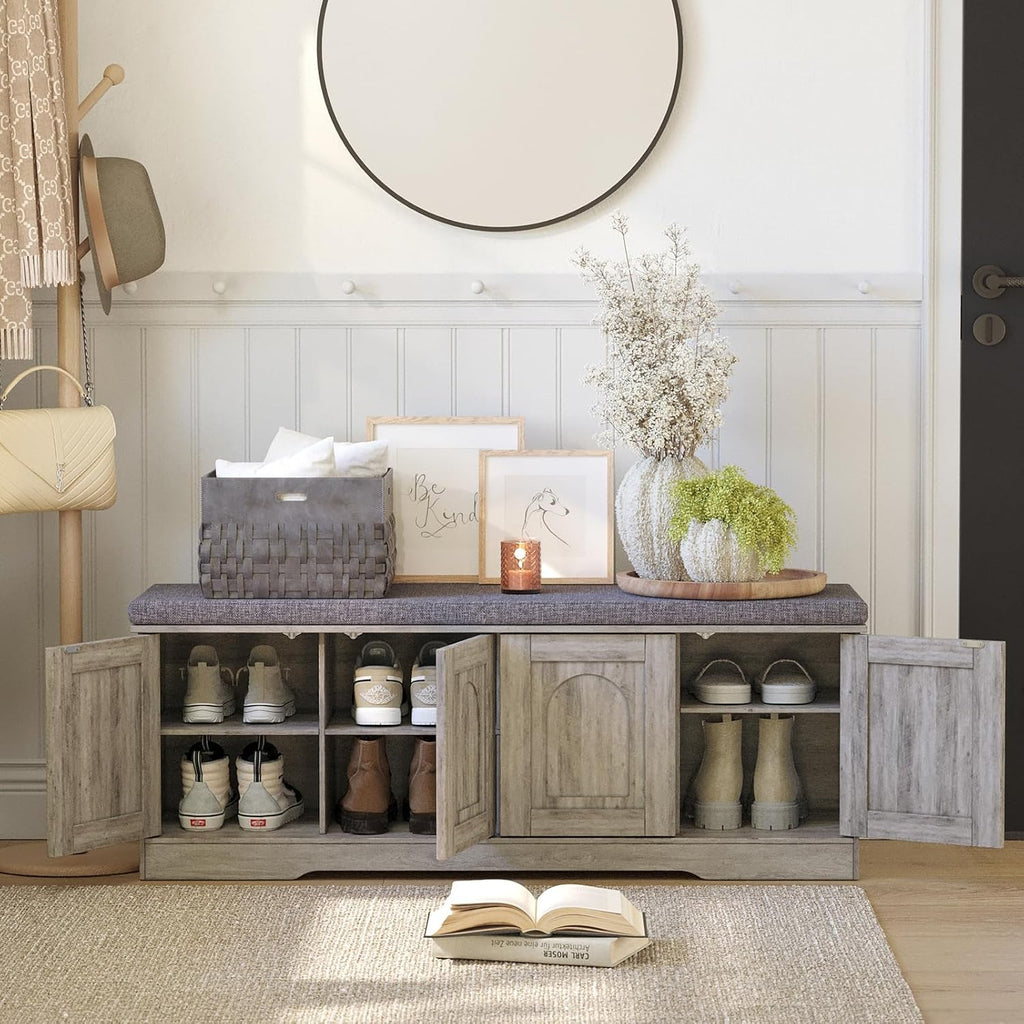 DINZI LVJ Shoe Bench, Entryway Storage Bench with Doors, Cushion, 2-Tier Shoe Rack with 8-Cubby, 47.2'L x 13.8'W Shoe Organizer Cabinet, Adjustable Shelf, Living Room, Bedroom, Gray Wash