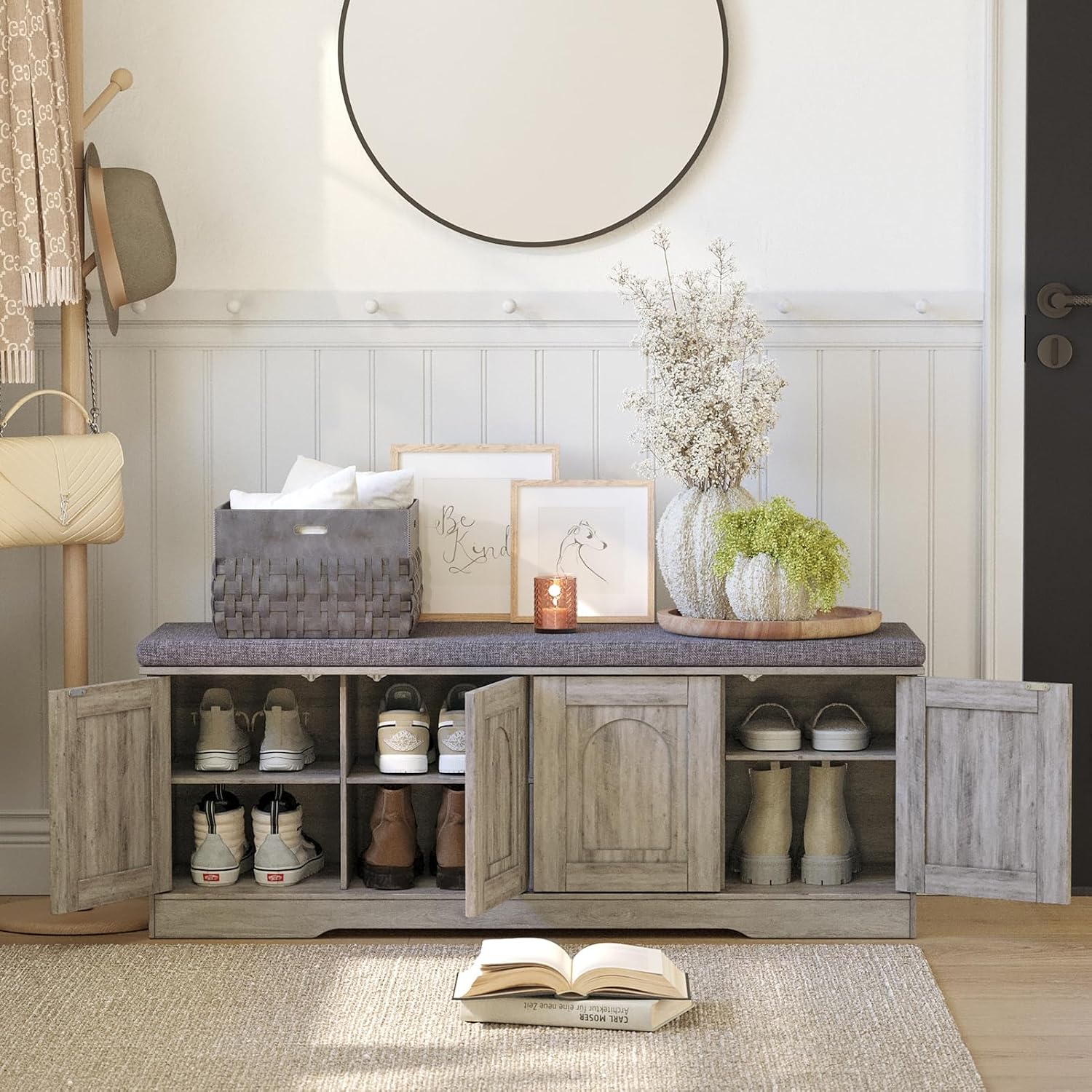 DINZI LVJ Shoe Bench, Entryway Storage Bench with Doors, Cushion, 2-Tier Shoe Rack with 8-Cubby, 47.2'L x 13.8'W Shoe Organizer Cabinet, Adjustable Shelf, Living Room, Bedroom, Gray Wash
