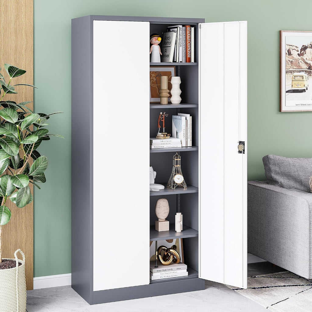 Metal Cabinet,Locking Storage Cabinet with 2 Doors and 5 Adjustbale Shelves,72' Tall Tool Steel Cabinets for Garage,Home Office,School,Gym(Grey & White)