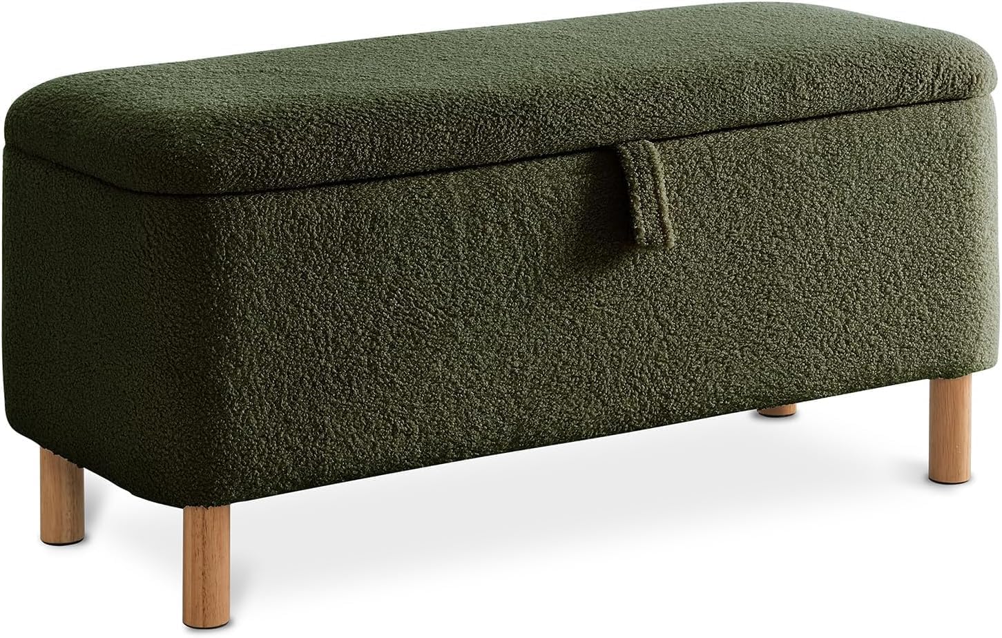 Boucle Storage Ottoman Bench for Bedroom end of Bed, Sherpa Upholstered Shoe Seat Storage Bench for Entryway Bed Foot, Rectangle Cushion Padded Blanket Chest Cute for Living Room, Blackish Green