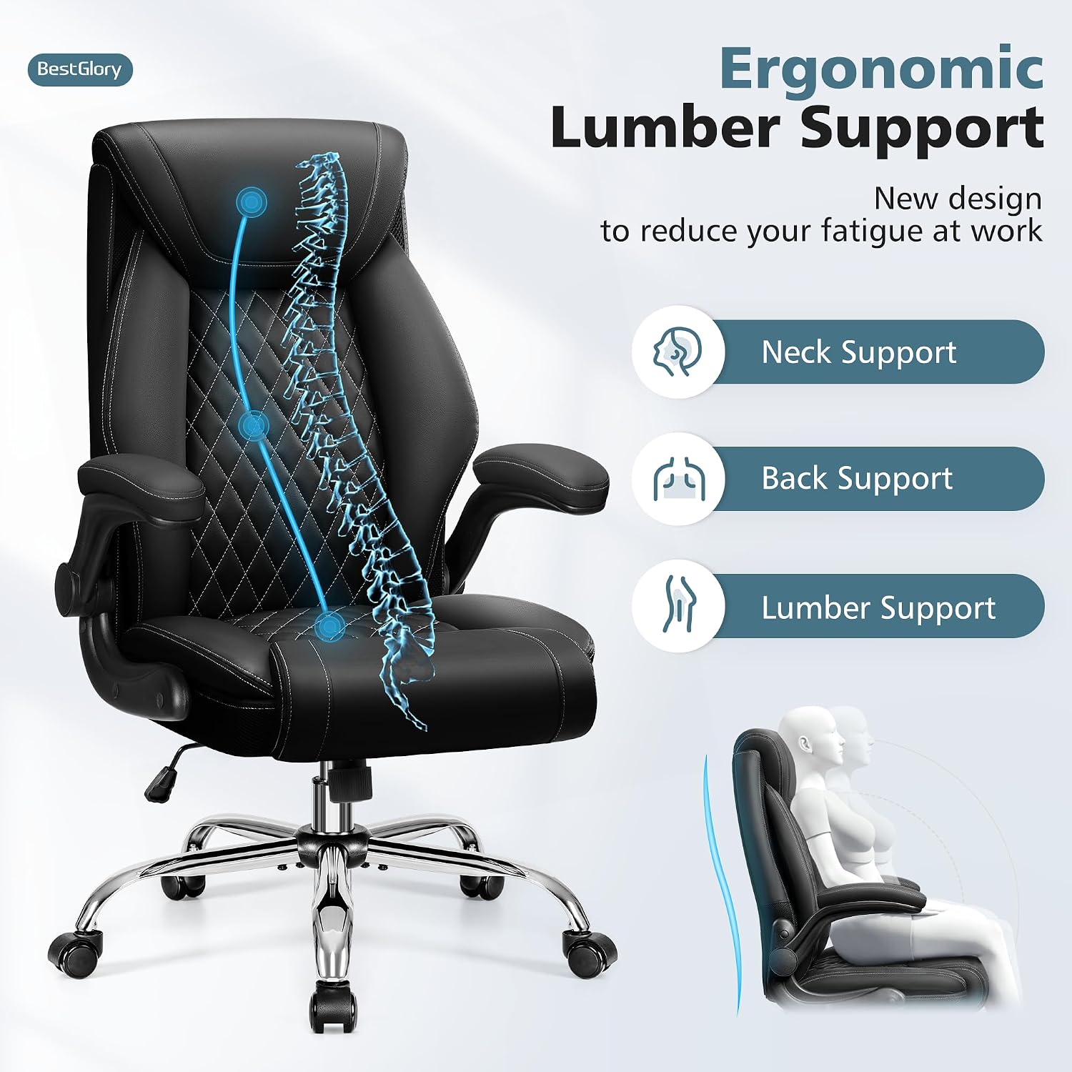 BestGlory Office Chair, Ergonomic High Back Home Office Desk Chair, Big and Tall Breathable Leather Office Chair with Lumbar Support Flip-Up Armrests, Computer Gaming Chair with Rocking Function