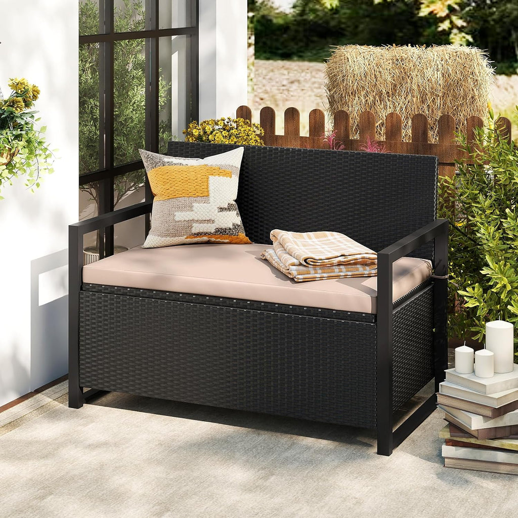 RELAX4LIFE Wicker Outdoor Bench with Storage - Rattan Deck Box w/Protective Liner for Pillows, Pool Supplies, Garden Tools, Patio Loveseat with Seat Cushion & Metal Armrests for Backyard Porch Balcony