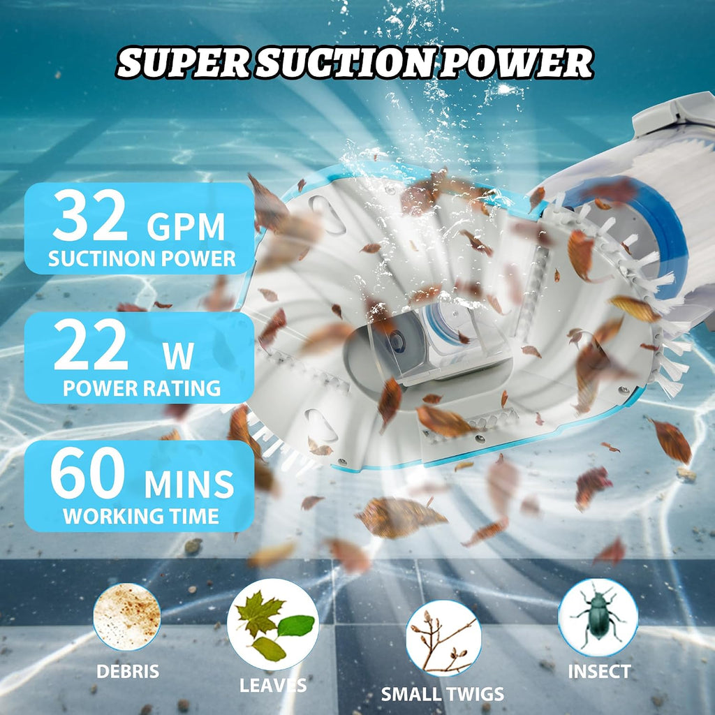50 Handheld Pool Vacuum, Dual Filtration Cleaner for Above Ground Pools, 32 GPM Strong Suction for Leaves, Sand & Debris, 60-Min Runtime, Ideal for Steps, Corners & Spa