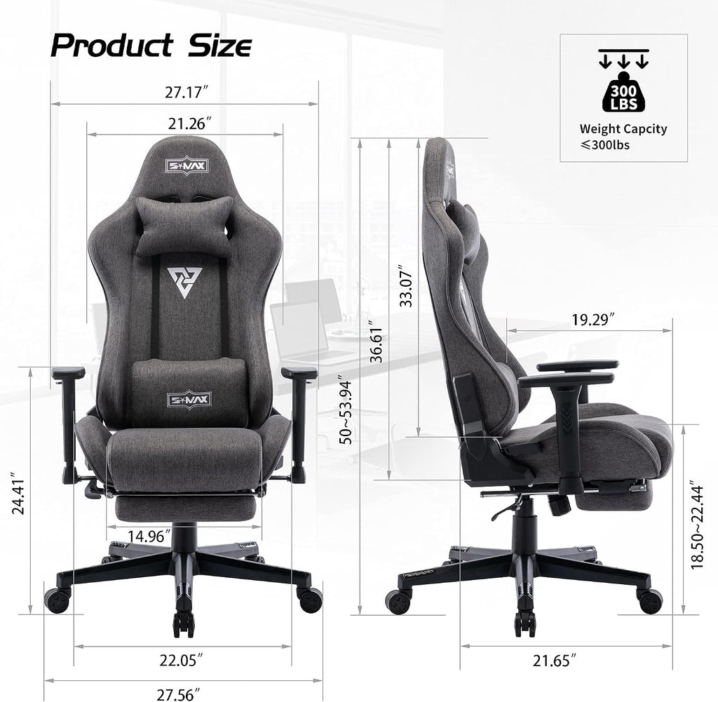 S*MAX Fabric Gaming Chair with Footrest Thicken Seat Ergonomic Gaming Chair with 3D Armrest Breathable Fabric Gamer Chairs for Adults Headrest Lumbar Support Gaming Chairs for Adults Grey