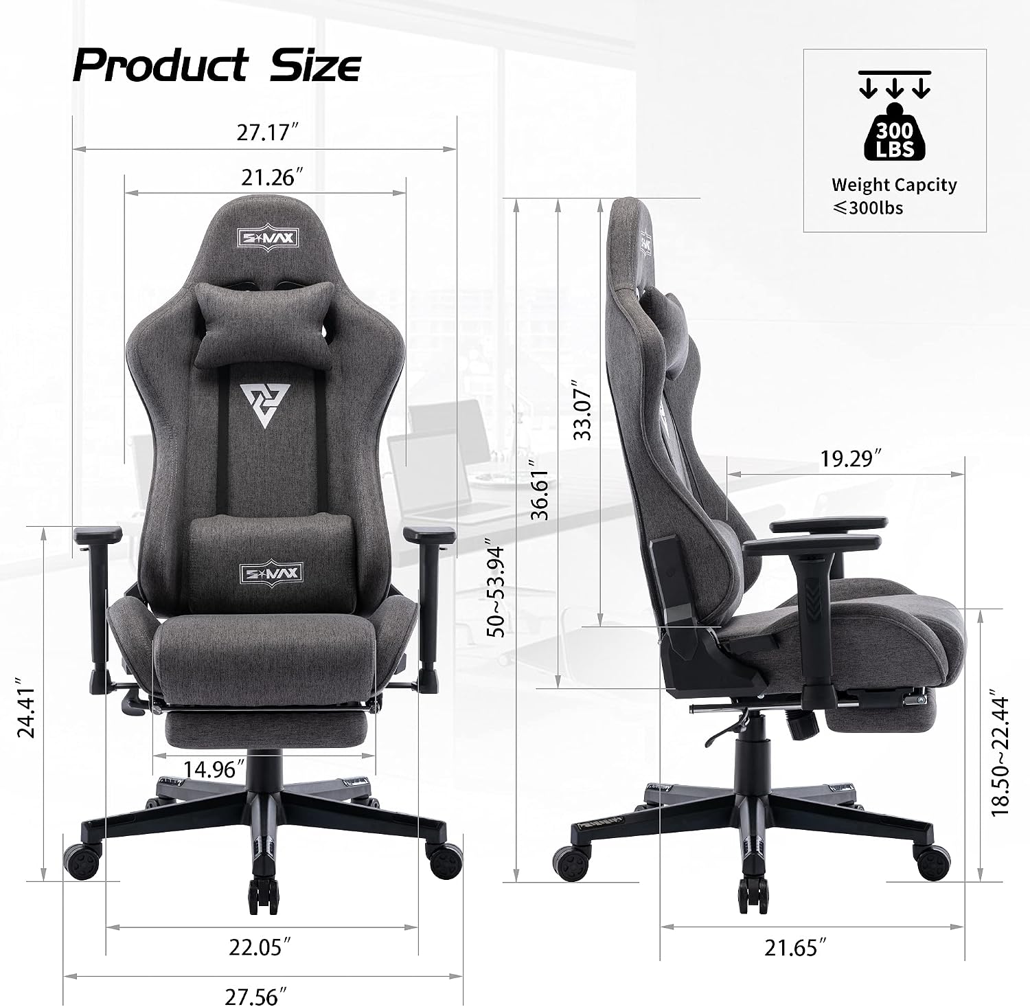 S*MAX Fabric Gaming Chair with Footrest Thicken Seat Ergonomic Gaming Chair with 3D Armrest Breathable Fabric Gamer Chairs for Adults Headrest Lumbar Support Gaming Chairs for Adults Grey