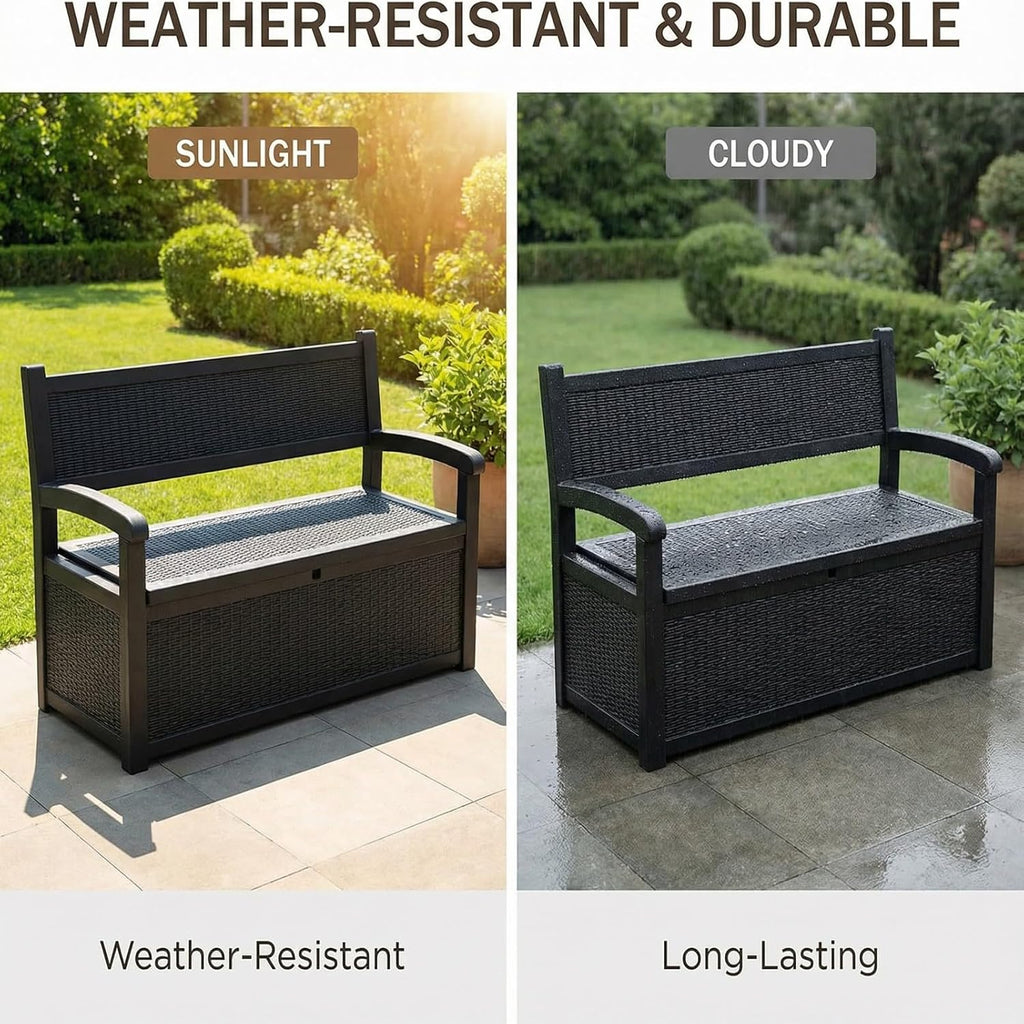 80 Gallon Outdoor Storage Bench, Waterproof Patio Deck Box with Lockable Lid for Garden & Porch, All-Weather Resin Furniture for Cushions, Tools, Pool Accessories