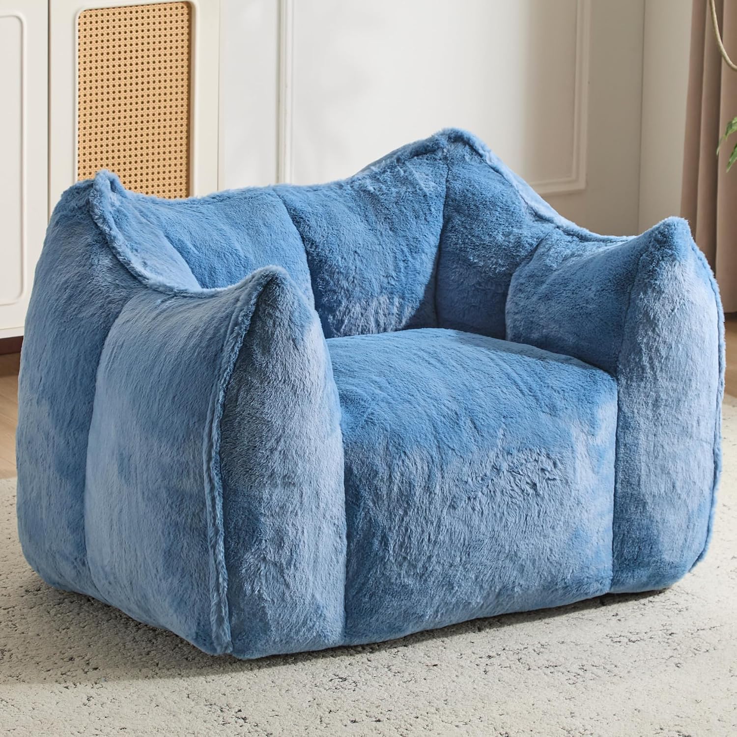 Giant Bean Bag Chair, Comfy Large Bean Bag Chairs for Adults and Kids, Fluffy Faux Rabbit Fur Floor Sofa for Living Room Bedroom Apartment, Light Bule