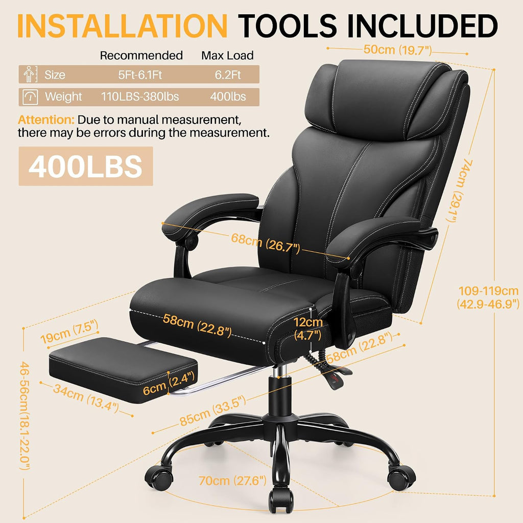 HeroSet Office Chair, Executive Big and Tall Leather Desk Chairs with Footrest, Ergonomic Breathable Computer Chair with Adjustable High Back, Lumbar Support Swivel PC Chairs