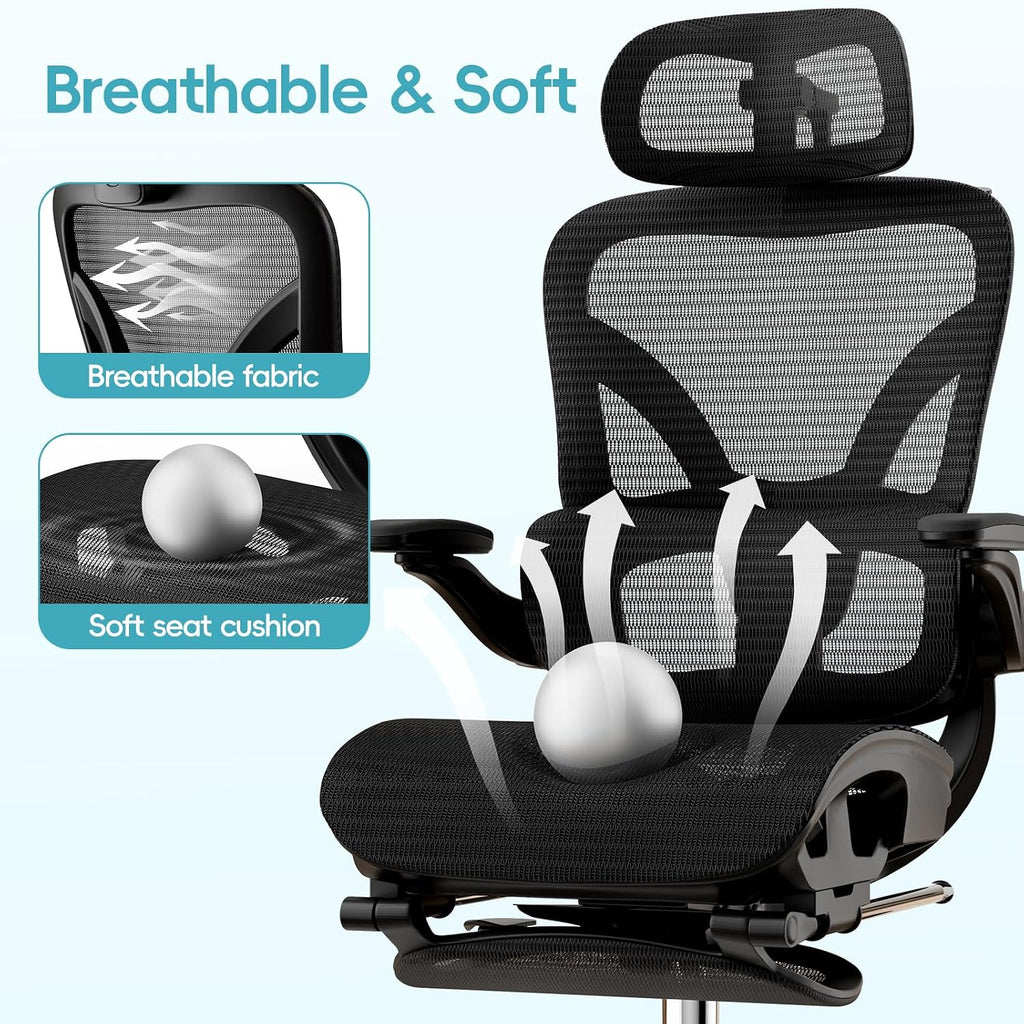 Alllion Ergonomic Mesh Office Chair, Home Desk Chair Comfy High Back with Adjustable Lumbar Support, 3D Headrest, Flip-up Arms, Big and Tall Reclining Computer Gaming Chairs for Men Women, Black
