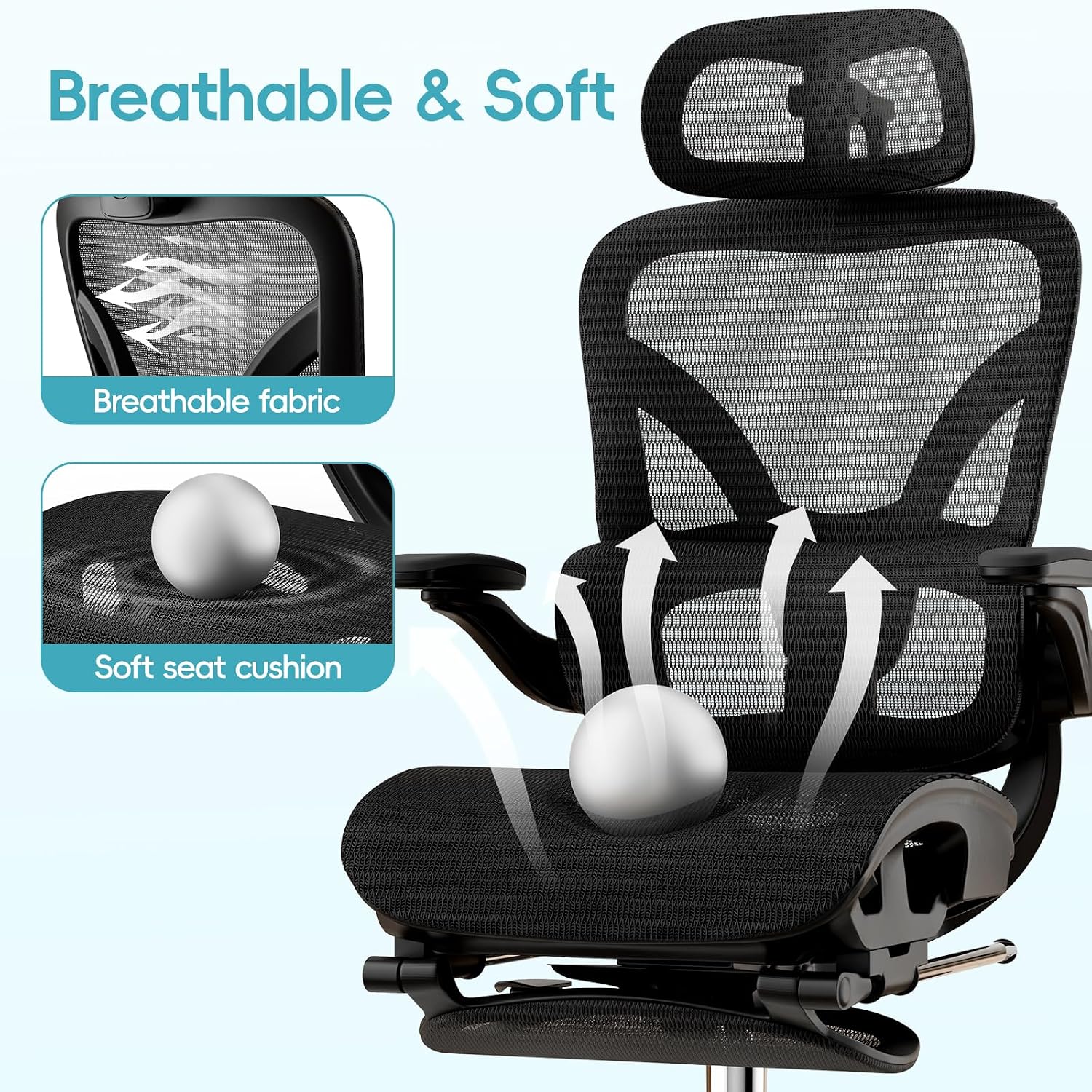 Alllion Ergonomic Mesh Office Chair, Home Desk Chair Comfy High Back with Adjustable Lumbar Support, 3D Headrest, Flip-up Arms, Big and Tall Reclining Computer Gaming Chairs for Men Women, Black