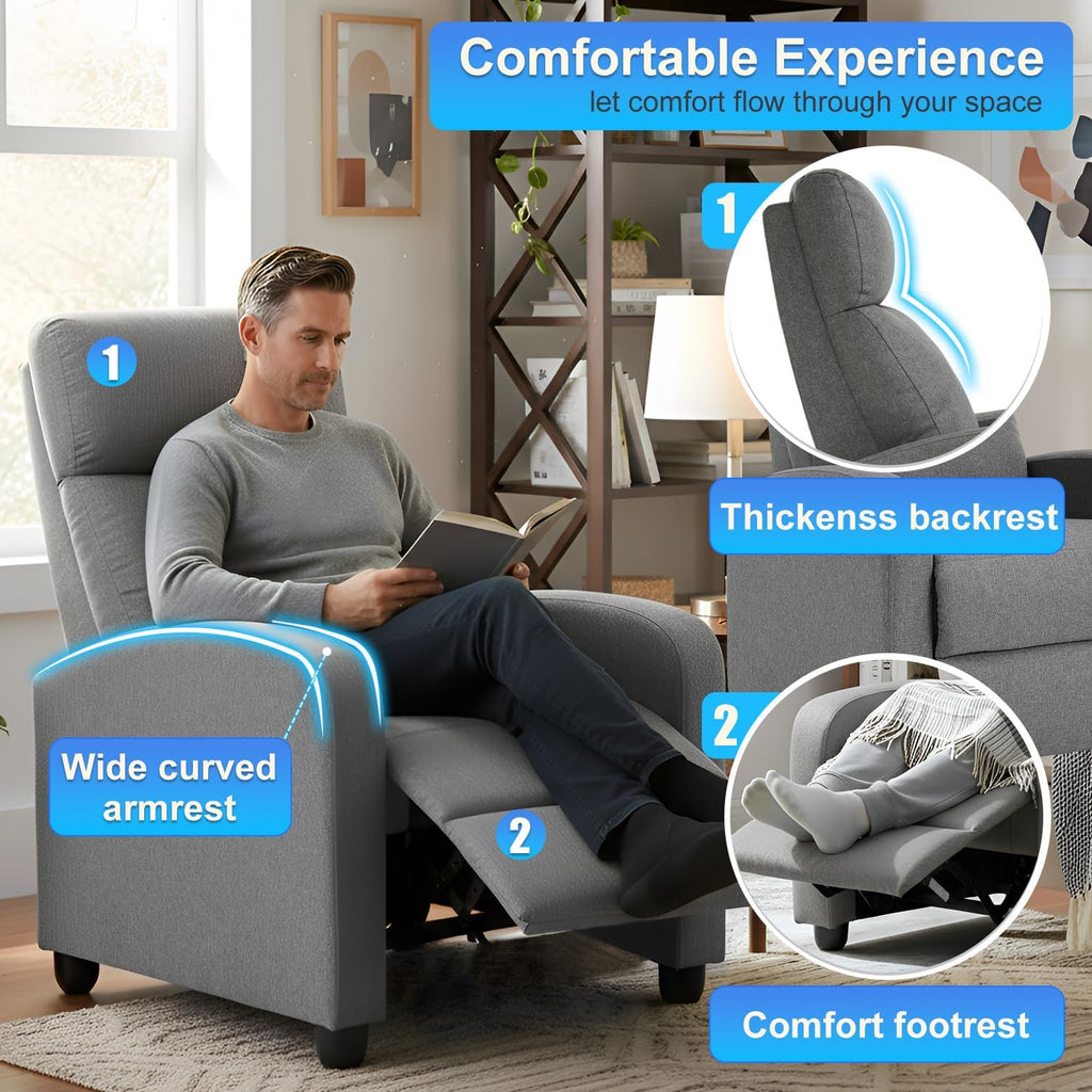 BestMassage | Recliner Chair | No Massage Function | Textile Grey | with Lumbar Support, Adjustable Push Back, Wide Armrests, Footrest & Padded Seat | Easy Assembly | for Living Room, Home Theatre