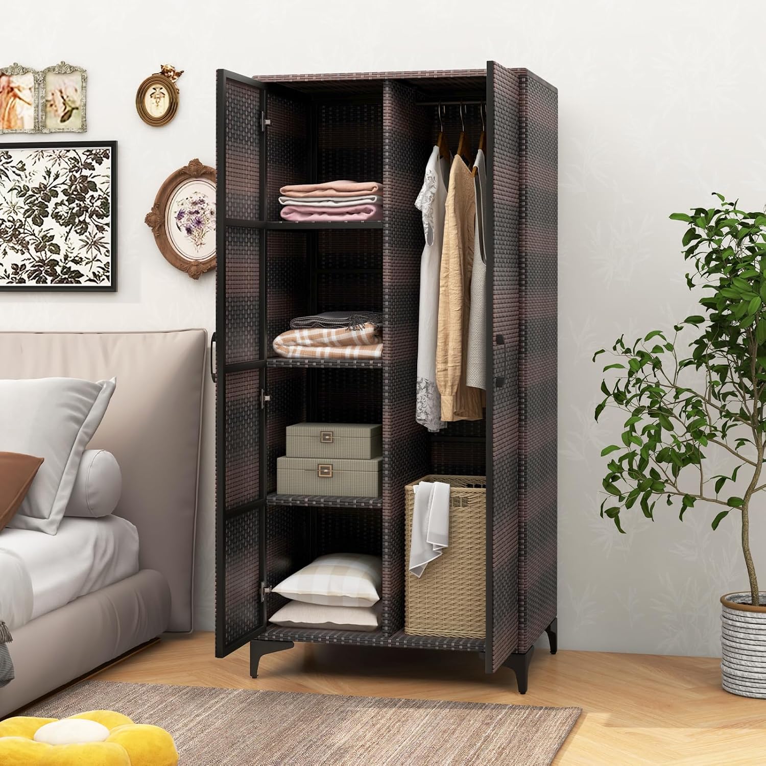 Giantex Wicker Storage Cabinet, 62' Tall Pantry Cabinet with 2 Doors, Hanging Rod, 4 Storage Cubes, Metal Legs, Anti-Tipping Device, PE Rattan Storage Cabinet for Home Office, Garage Cabinets (Brown)