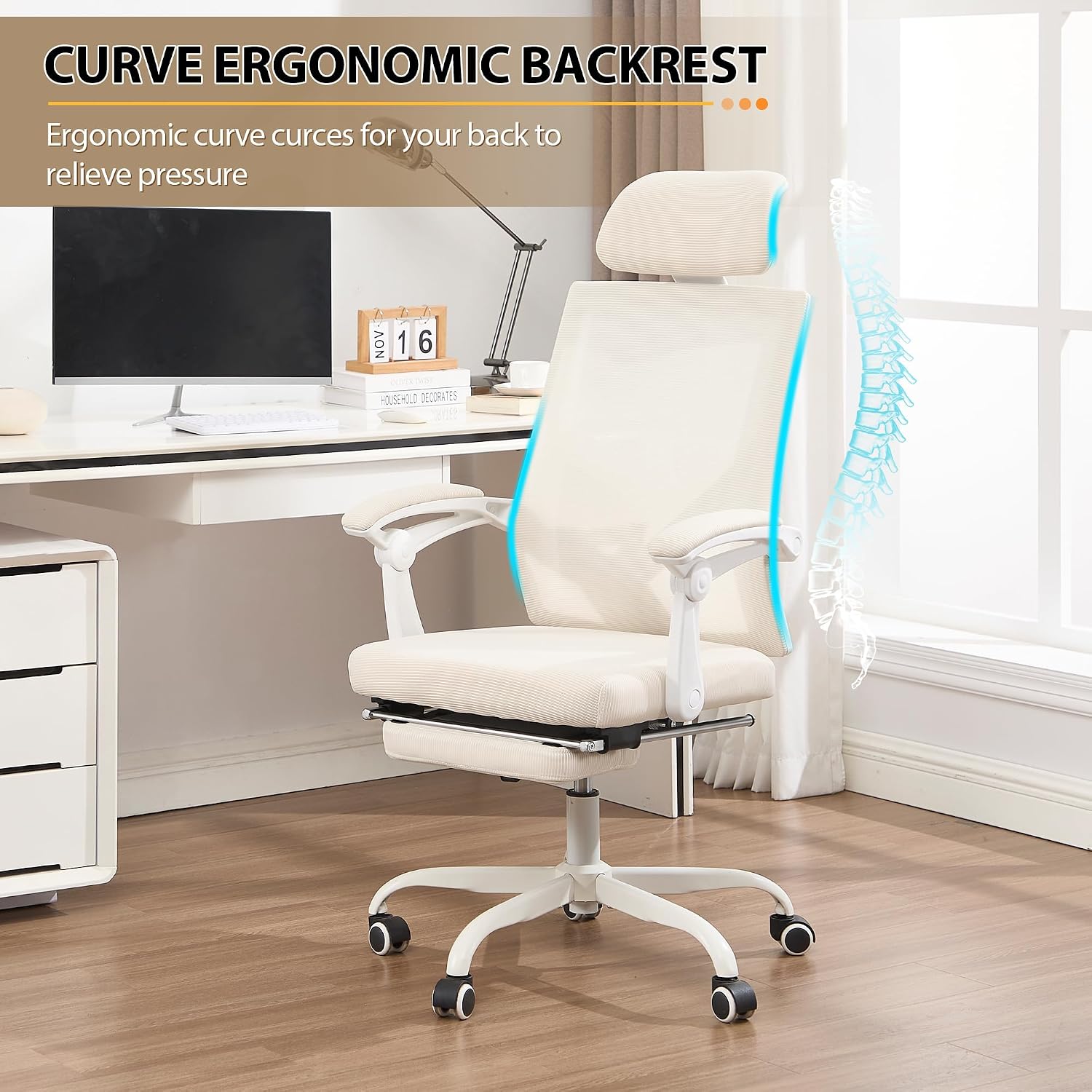 Qulomvs Ergonomic Office Chair with Massage&Heated Lumbar Support, Kneading Massage Office Chair with Foot Rest, Reclining Home Office Desk Chair Adjustable Mesh Computer Desk Chair with Wheels