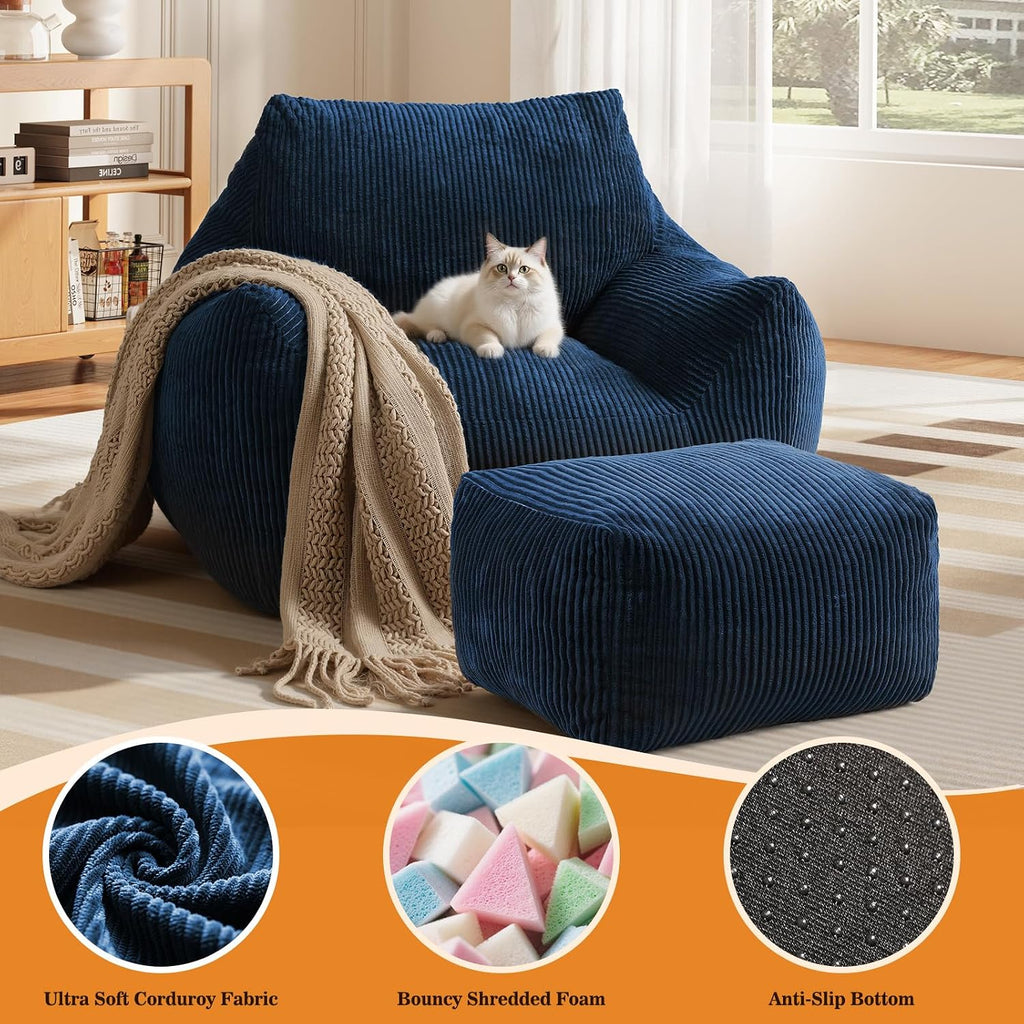 Big Bean Bag Chair for Adults, Ultra Soft Living Room Bean Bag with Armrests & Ottoman, Stuffed BeanBag Chair for Napping, Gaming, Vacuum-Compressed for Easy Gifting, 48h to Expand,Navy Blue