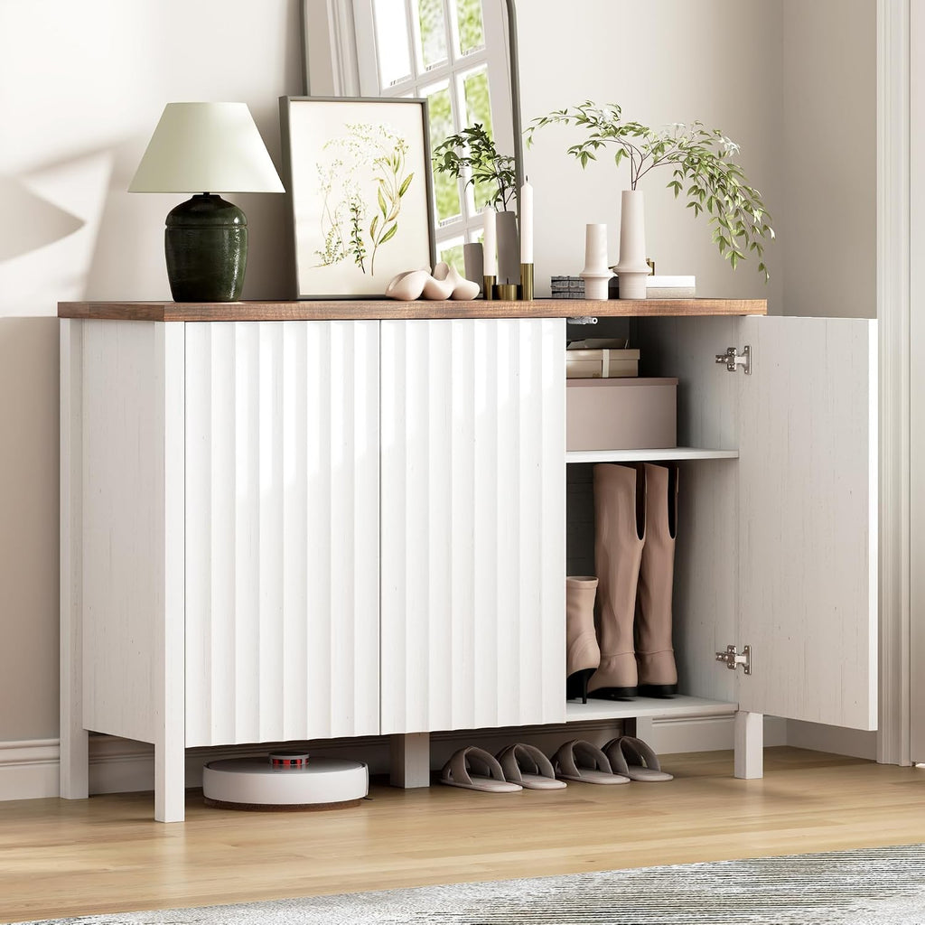 Vlsrka Shoe Cabinet with 3 Doors, Narrow Wooden Shoe Cabinet, Hidden Shoe Storage for Entryway, Foyer, Hallway (White B)