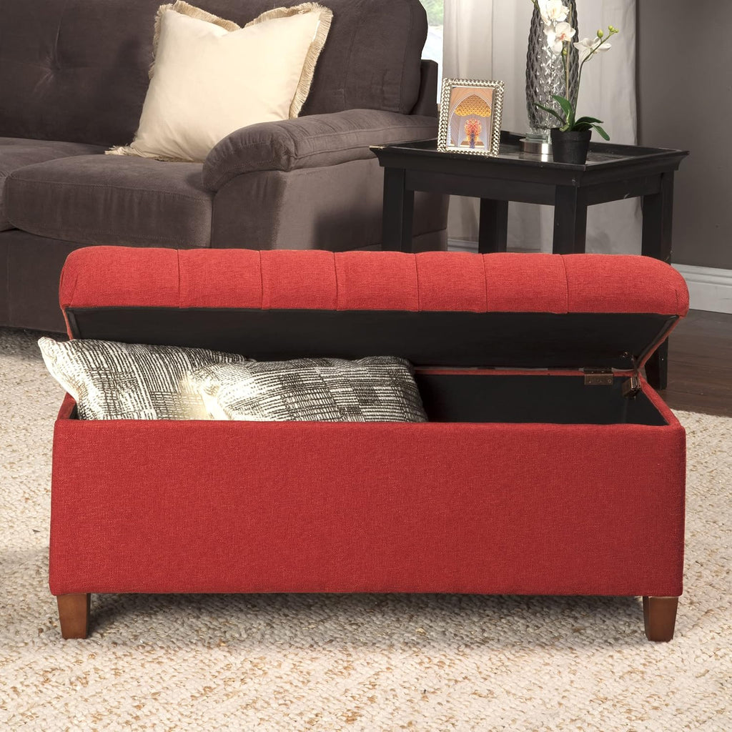 Homepop Home Decor | Tufted Ainsley Button Storage Ottoman Bench with Hinged Lid | Ottoman Bench with Storage for Living Room & Bedroom, Cranberry