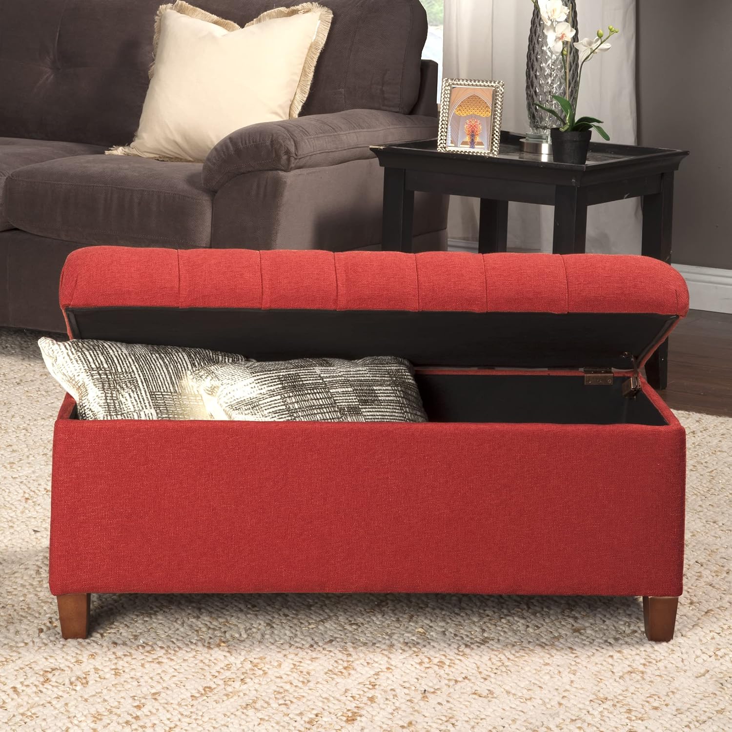 Homepop Home Decor | Tufted Ainsley Button Storage Ottoman Bench with Hinged Lid | Ottoman Bench with Storage for Living Room & Bedroom, Cranberry