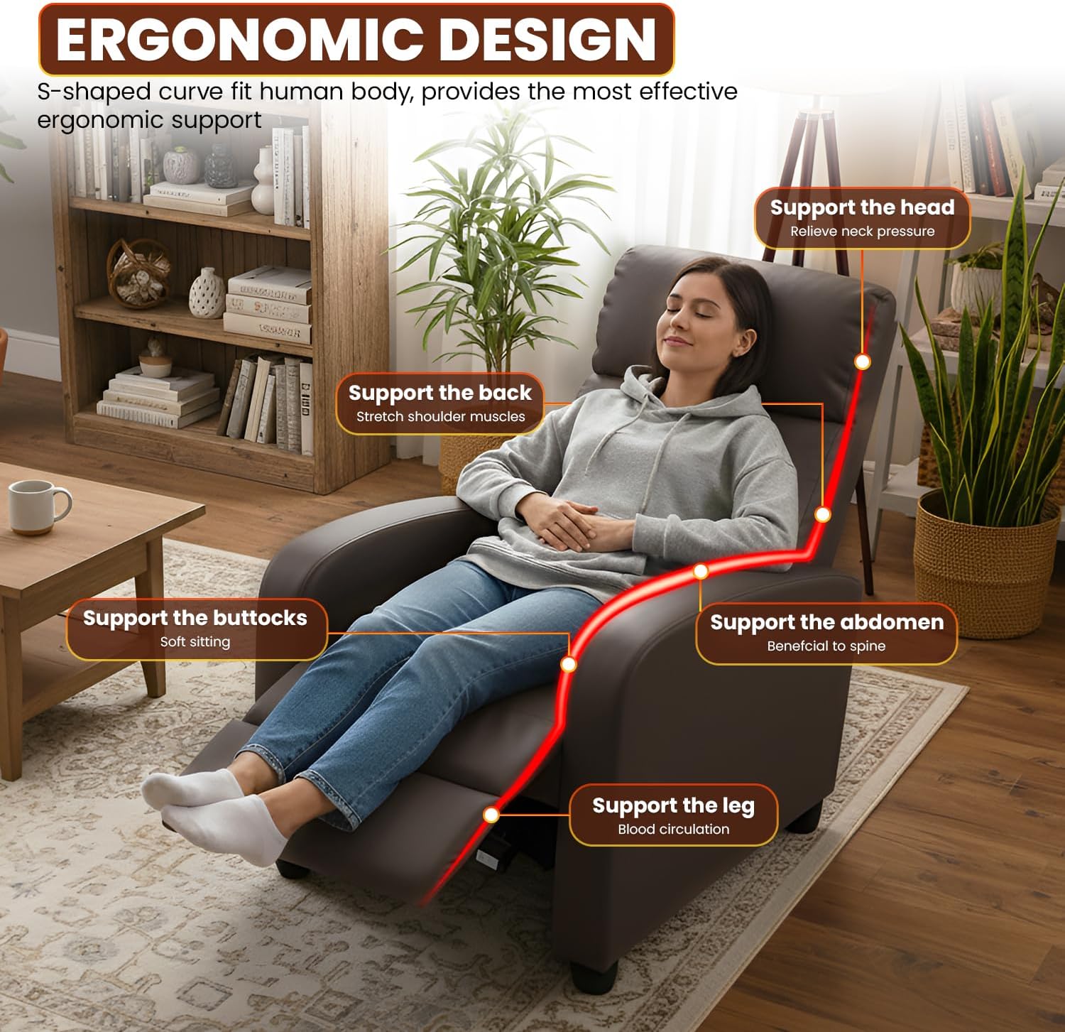 BestMassage | Recliner Chair | No Massage Function | Pu Brown | with Lumbar Support, Adjustable Push Back, Wide Armrests, Footrest & Padded Seat | Easy Assembly | for Living Room, Home Theatre