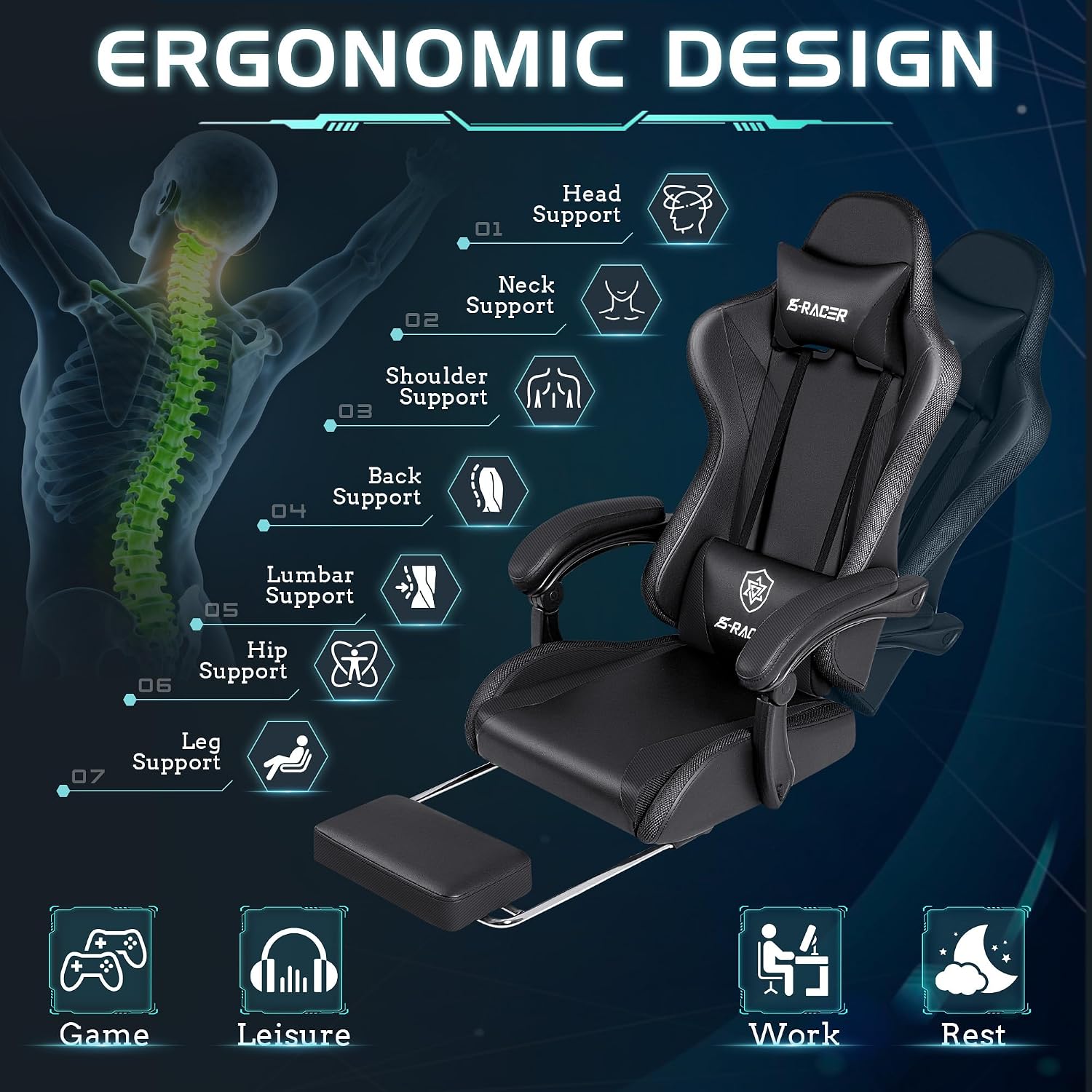 Homall Gaming Chair with Massage & Footrest, Ergonomic Computer Office Chair, High-Back Racing Style Reclining Chair with Adjustable Lumbar Support, PU Leather for Adults (Black)