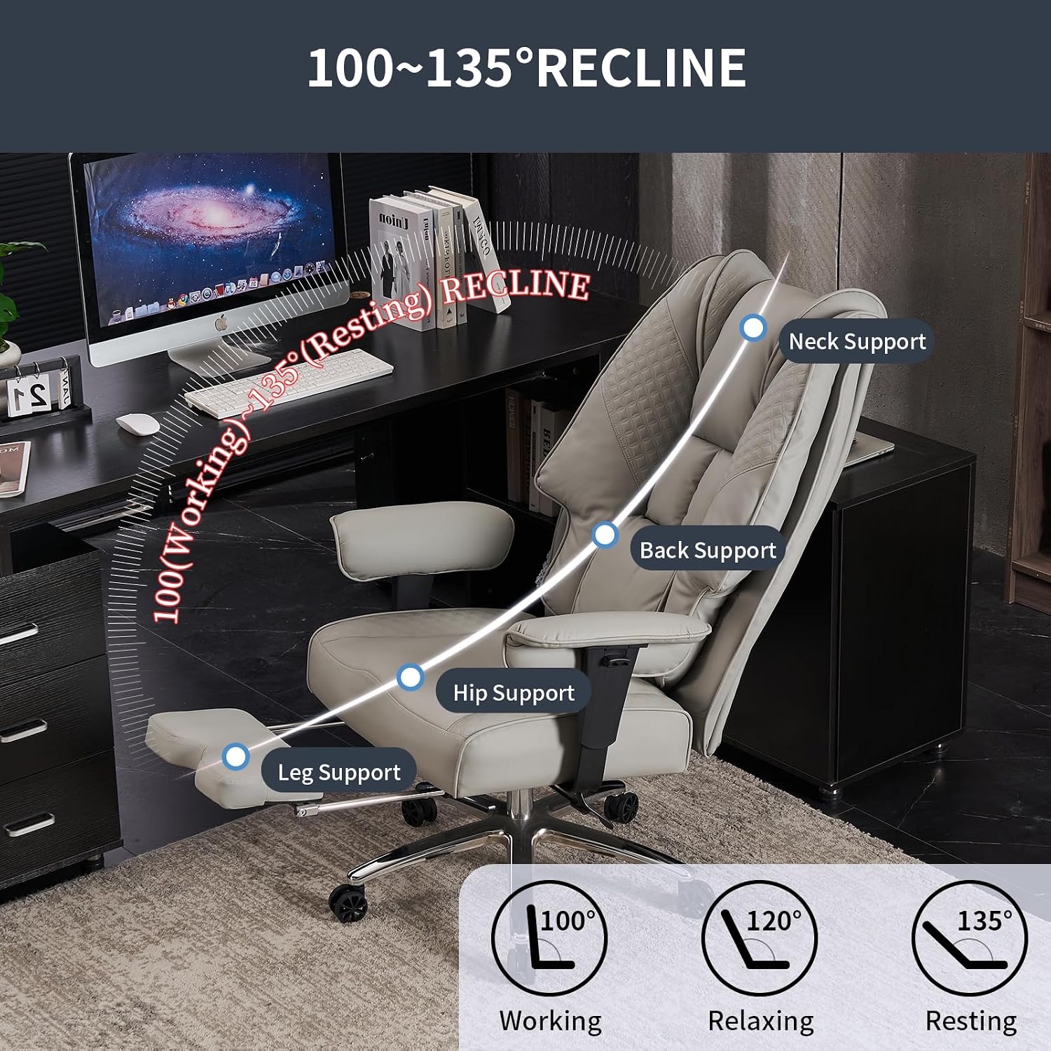 EXCEBET Big and Tall Office Chair 400lbs Wide Seat, Leather High Back Executive Office Chair with Foot Rest, Ergonomic Chairs Lumbar Support for Lower Back Pain Relief (Light Grey)