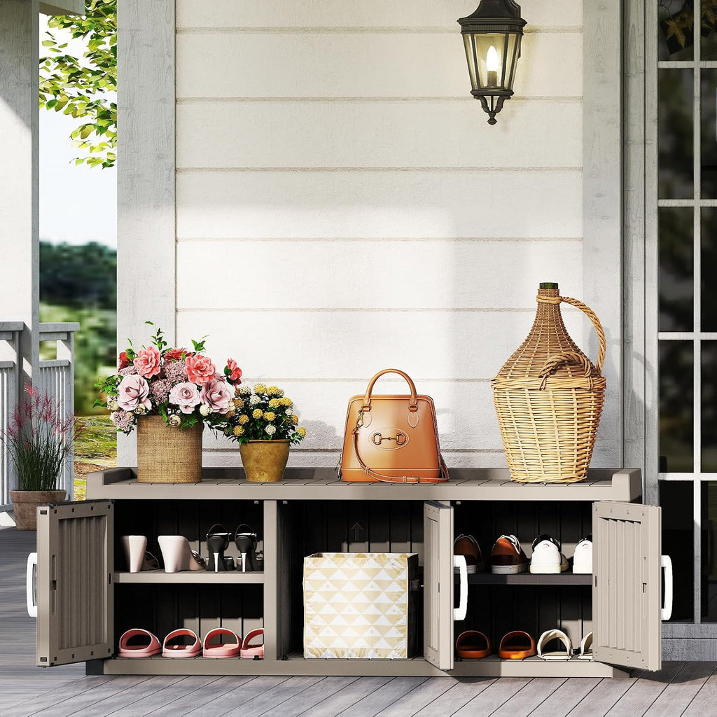 Rovibek Indoor Outdoor Shoe Storage Cabinet for Entryway - Outdoor Shoe Storage Bench Weatherproof with 3 Barn Doors, Waterproof Cabinet for Outside, Porch, Patio, Foyer, Hallway, Grey