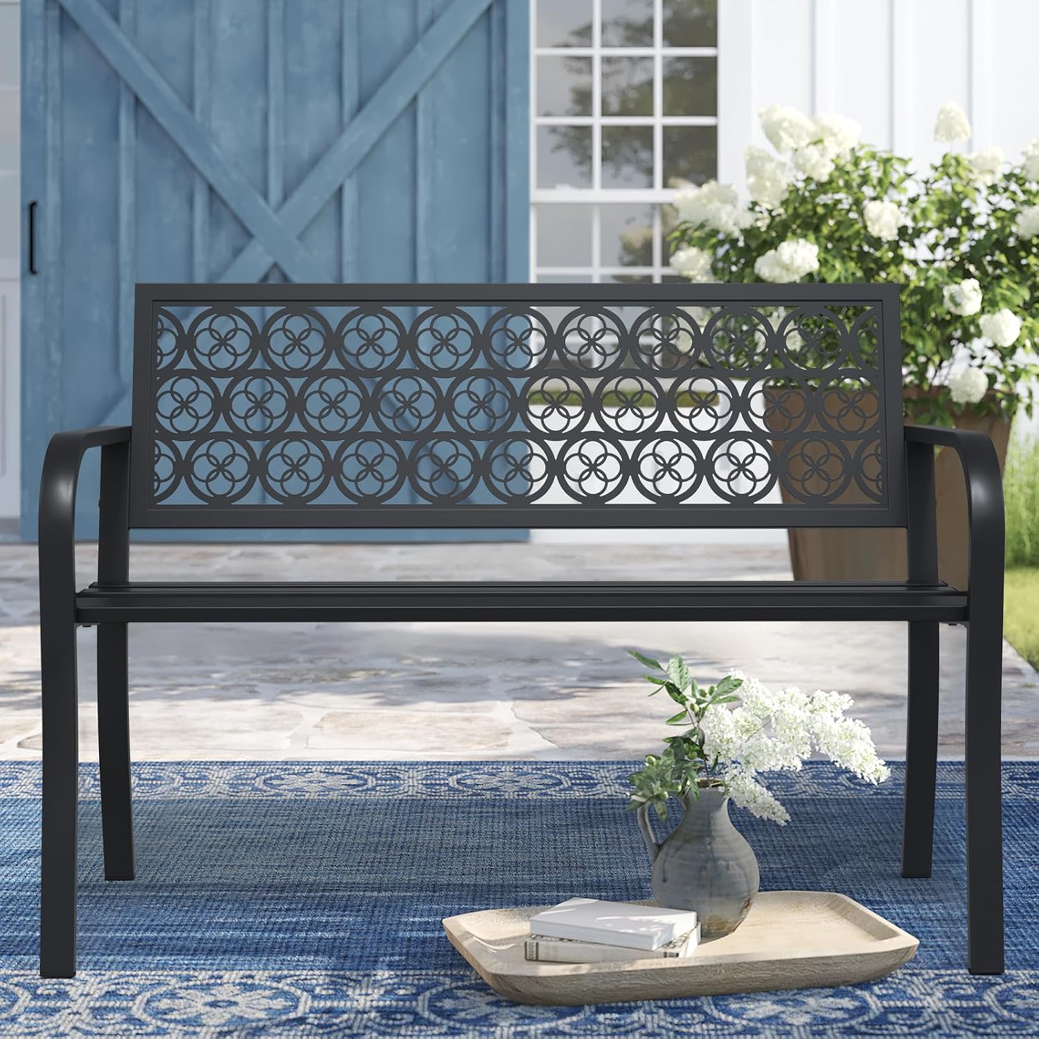 50' Outdoor Bench, Metal Weatherproof Garden Bench Cast Iron Heavy-Duty Patio Bench with Decorative Backrest for Proch Park 880lb Capacity