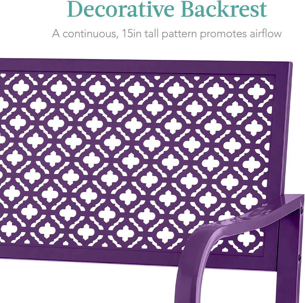 Best Choice Products Outdoor Bench 2-Person Metal Steel Benches Furniture for Garden, Patio, Porch, Entryway w/Geometric Backrest, 790lb Capacity - Dark Purple