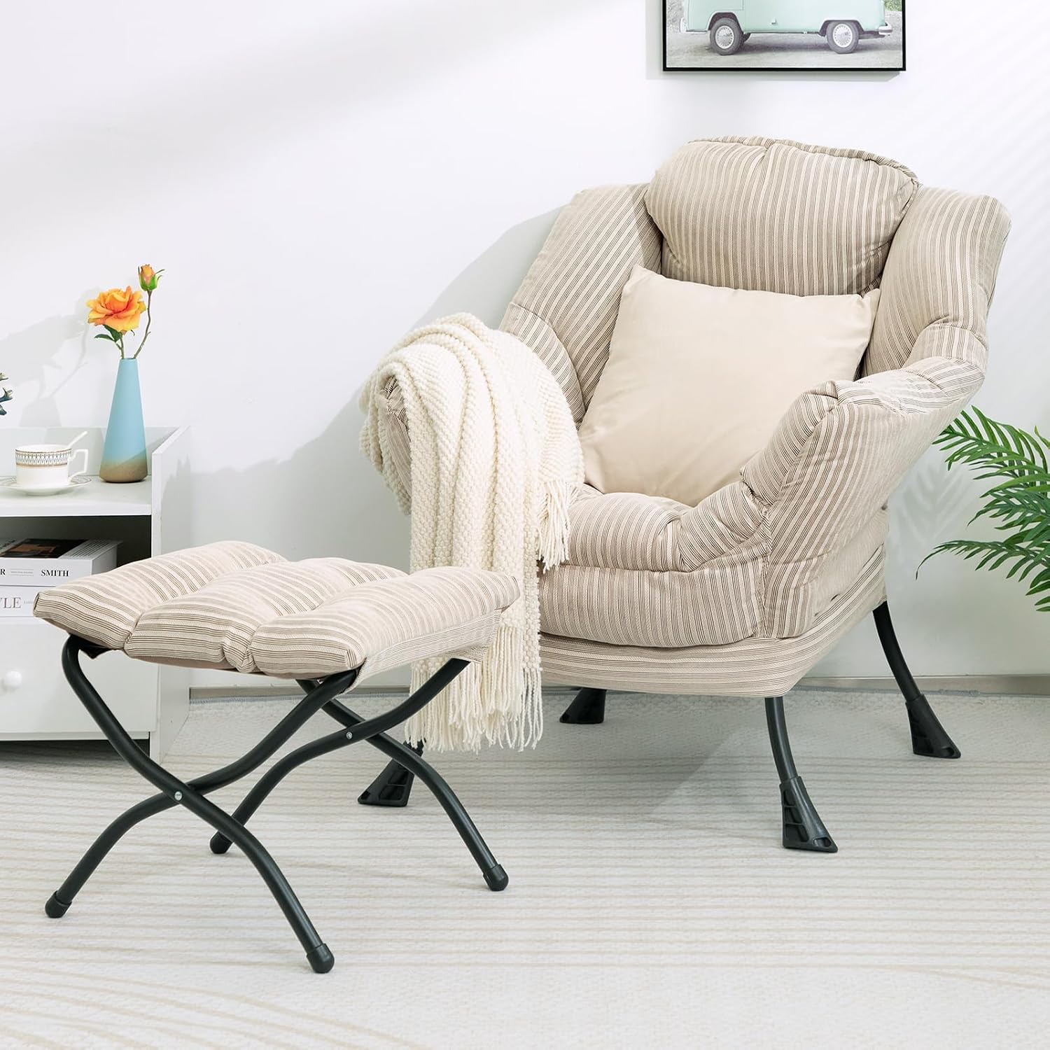 HollyHOME Lazy Chair with Foldable Ottoman, Accent Comfy Lounge Armchair and Folding Footrest Stool, Leisure Sofa Reading Chair and Footstool for Living Room, Bedroom, Dorm,Beige Stripe