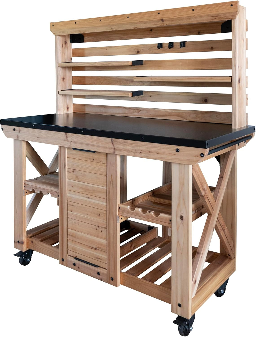 Backyard Discovery 48' Cedar Wood Buffet Hutch Serving Station with Galvanized Steel Countertop, Wine Rack, Wine Glass Rack, Trash Bin, Modular Shelves, Towel Bar, Drink and Food Prep, Indoor/Outdoor