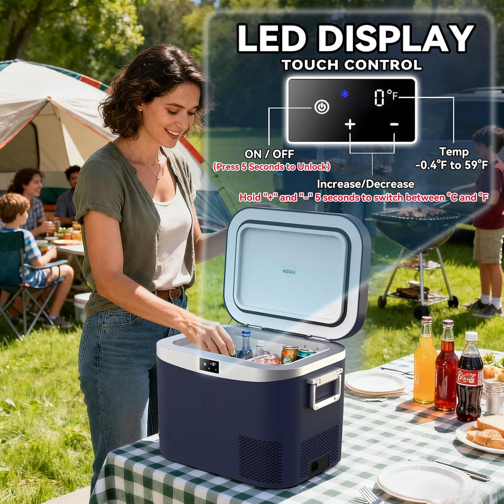 Megiu Car Refrigerator, Portable Car Fridge 12V Refrigerator 19 Quart (18 Liter) Freezer Compressor Cooler 12V/24V DC 110～240 V AC for Outdoor, Camping, Travel, Home Use -0.4℉~+59℉ (Blue)