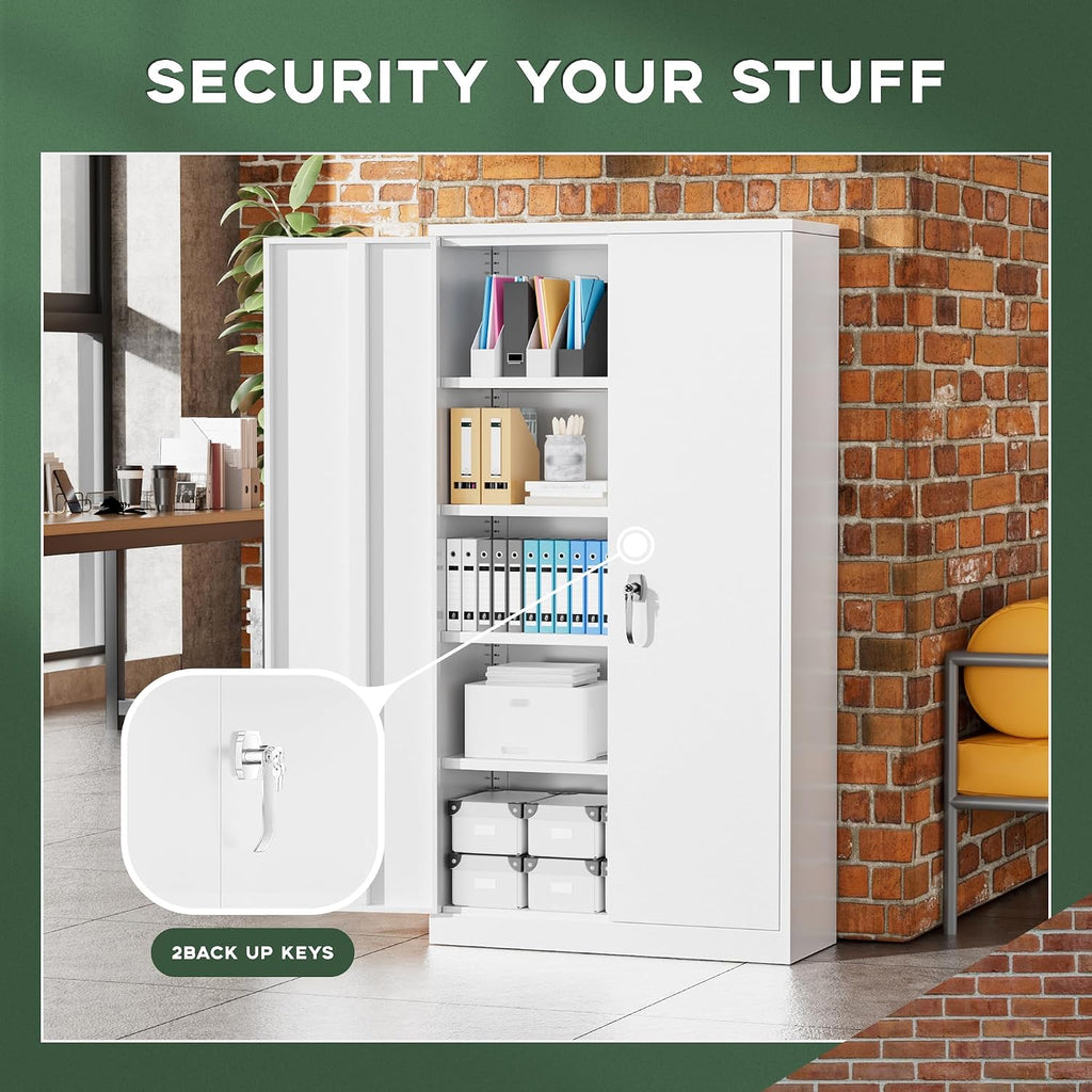 Greenvelly Metal Storage Cabinet, 72' Locking Metal Garage Storage Cabinet with Doors and 4 Adjustable Shelves, Lockable Steel Cabinets for Home Office, Garage, Shop, School (White 36' W x 18' D)