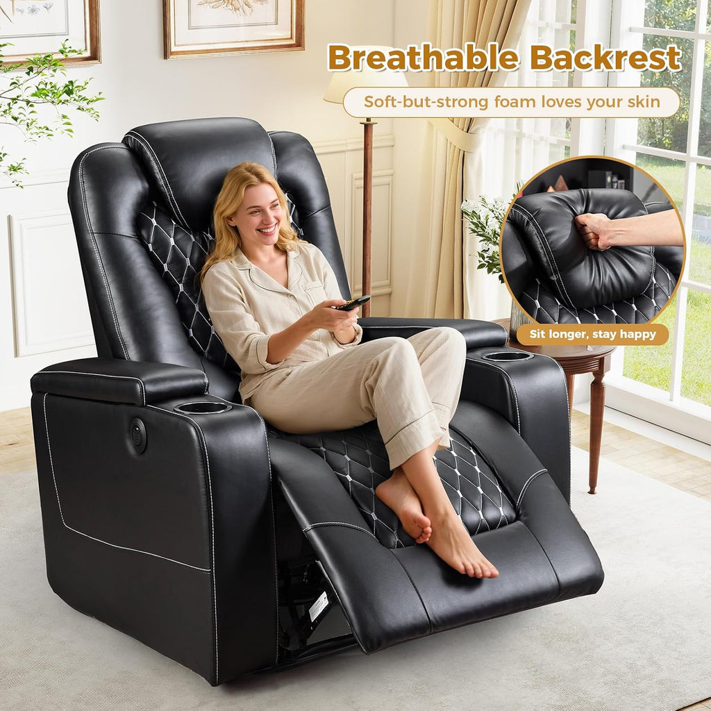 ANJ Power Recliner Chair Set of 3, Electric Soft Faux Leather Reclining Home Faux Theater Seating - USB Ports, Cup Holders, Hidden Arm Storage Movie & Media Room Chairs (Black)