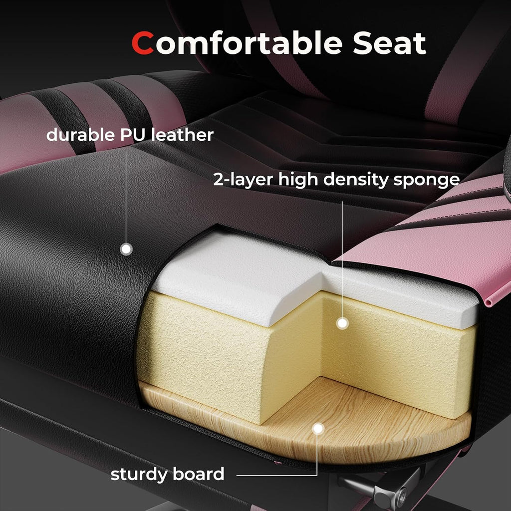 POWERSTONE Gaming Chair Video Game Chair with Footrest and Lumbar Support Racing Style PU Leather Computer Chair Ergonomic Adjustable Swivel Task Chair Pink