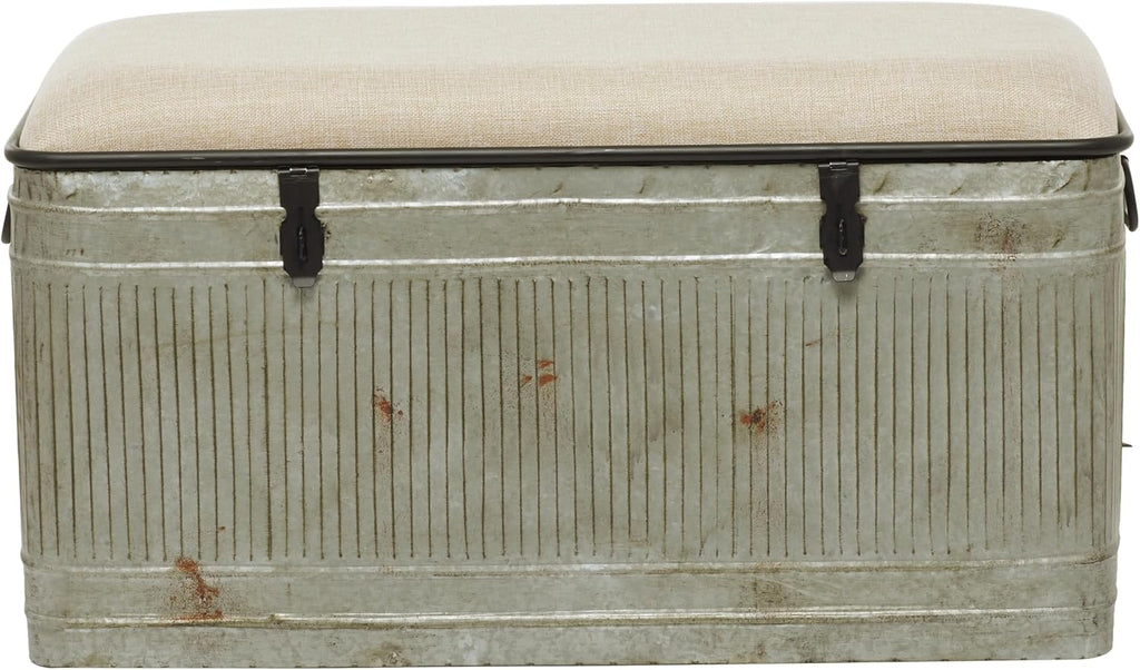 Deco 79 Metal Room Storage Bench Galvanized Entryway Bench with Cream Burlap Top and Black Latches, Bench 38' x 16' x 19', Gray