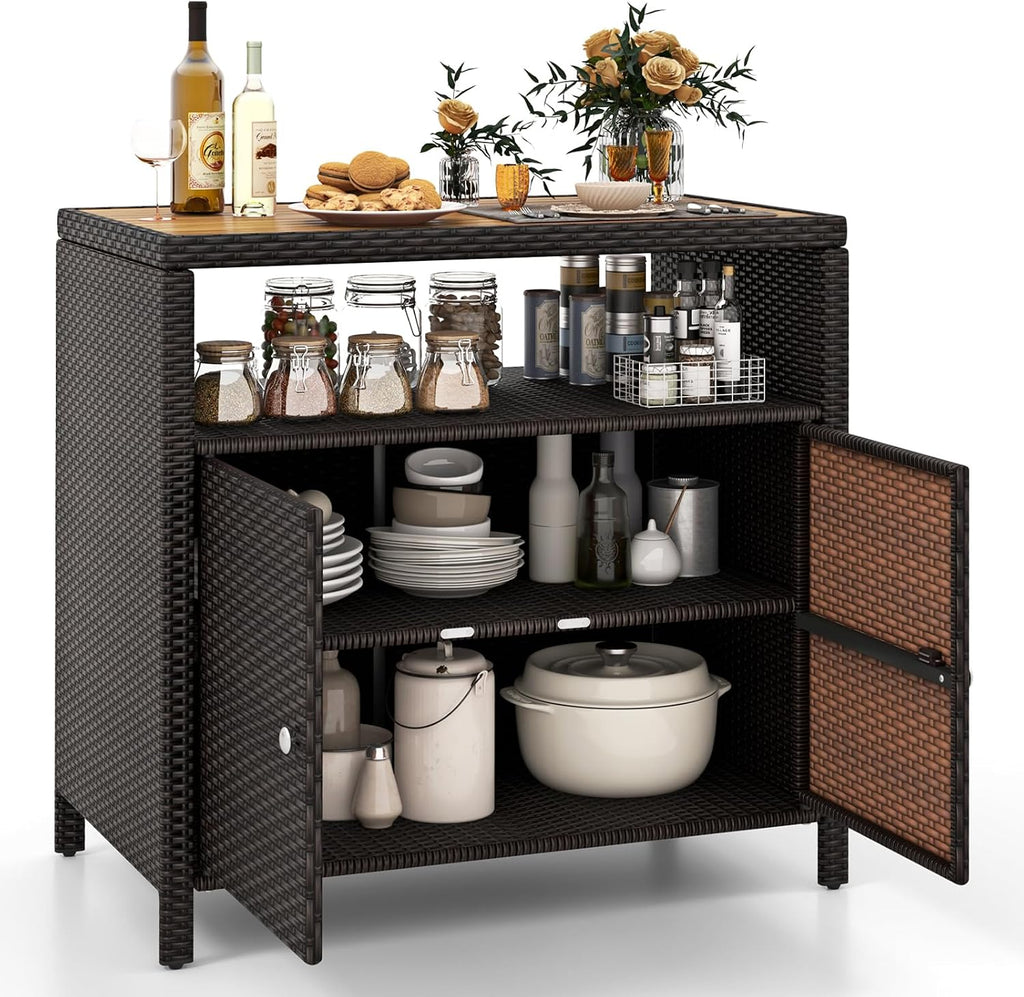 HAPPYGRILL Rattan Storage Cabinet, Patio Sideboard Buffet Cabinet with Acacia Wood Countertop, Open Shelf & 2 Door Cabinet, Wicker Storage Organizer for Garden Tools (Mixed Brown)