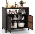 HAPPYGRILL Rattan Storage Cabinet, Patio Sideboard Buffet Cabinet with Acacia Wood Countertop, Open Shelf & 2 Door Cabinet, Wicker Storage Organizer for Garden Tools (Mixed Brown)