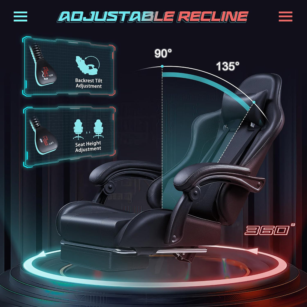JUMMICO Gaming Chair Ergonomic Computer Chair with Footrest and Massage Lumbar Support, Height Adjustable Video Gaming Chair with 360° Swivel Seat and Headrest (Black)