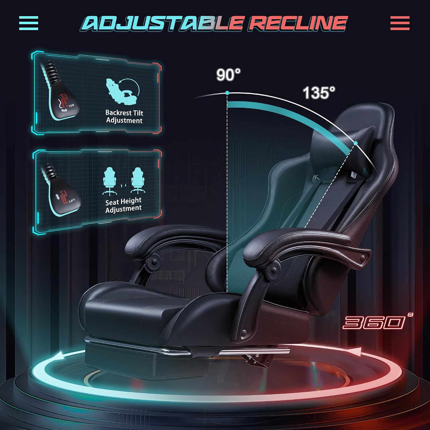 JUMMICO Gaming Chair Ergonomic Computer Chair with Footrest and Massage Lumbar Support, Height Adjustable Video Gaming Chair with 360° Swivel Seat and Headrest (Black)
