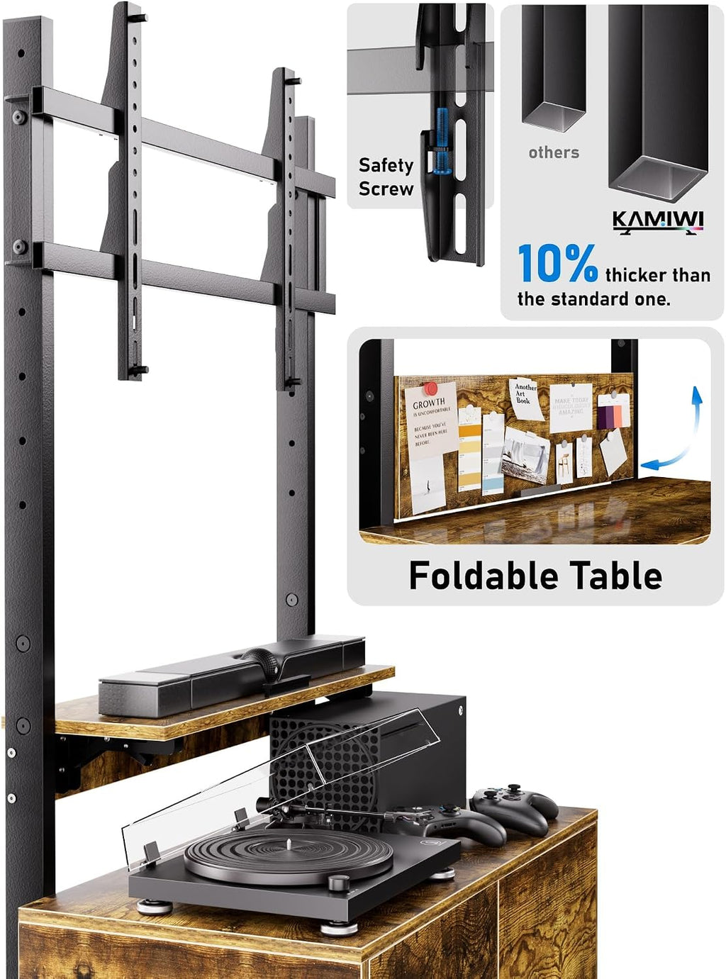 Entertainment Center with TV Mount,Rolling TV Stand with Storage Cabinet for 32-75in Screen,TV Floor Stand on Wheels with Foldable Table,Height Adjustable Mobile TV Stand for Outdoor and Living Room