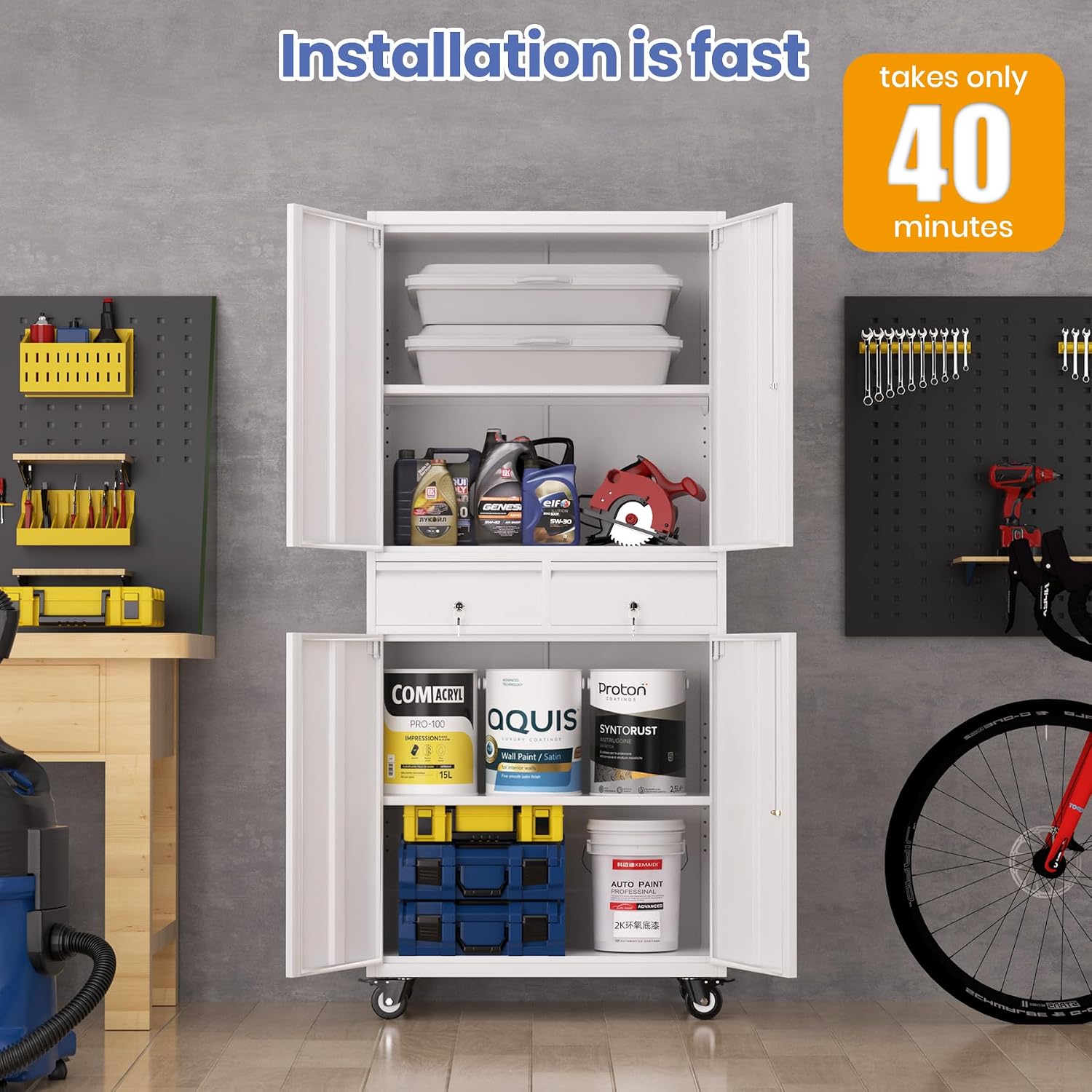 IDEALHOUSE 73'' Metal Storage Cabinet, Heavy Duty Garage Storage with Wheels, Locking Doors and 2 Drawers, Adjustable Shelves for Garage, Workshop, Office, White