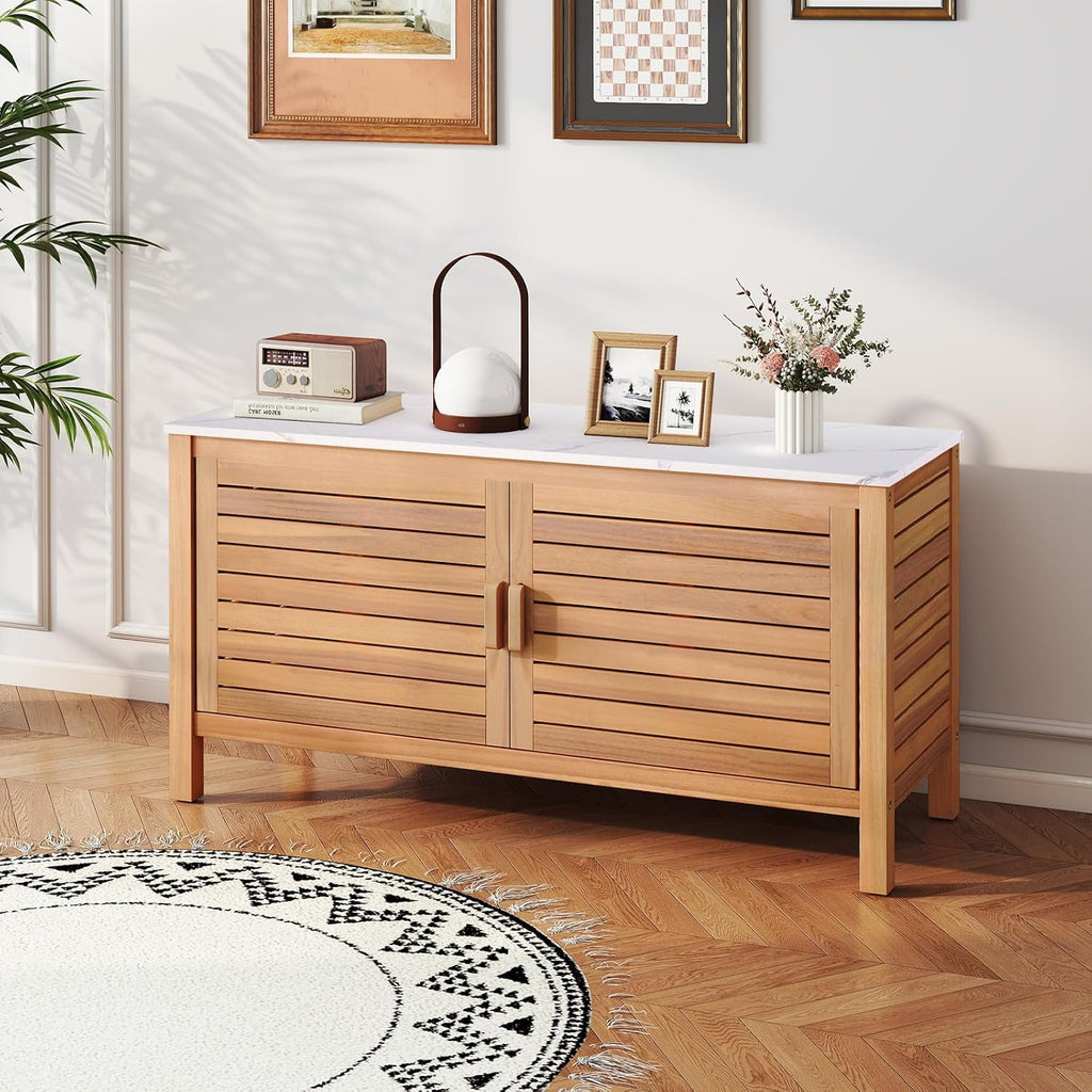 Goplus Patio Storage Cabinet, 2-Door Acacia Wood Console Table with Faux Marble Top, Outdoor Wooden Sideboard for Deck, Garden, Backyard & Entryway