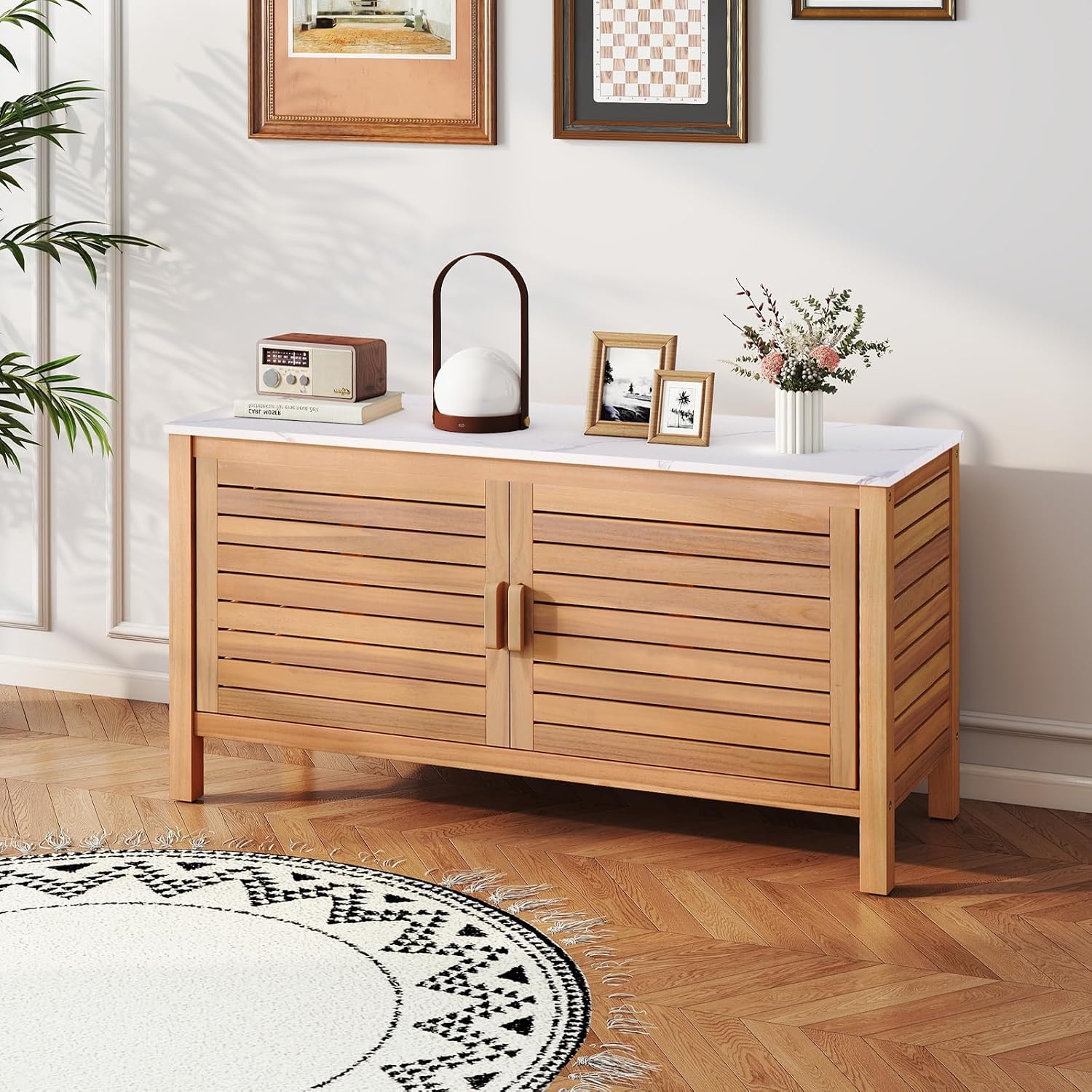 Goplus Patio Storage Cabinet, 2-Door Acacia Wood Console Table with Faux Marble Top, Outdoor Wooden Sideboard for Deck, Garden, Backyard & Entryway